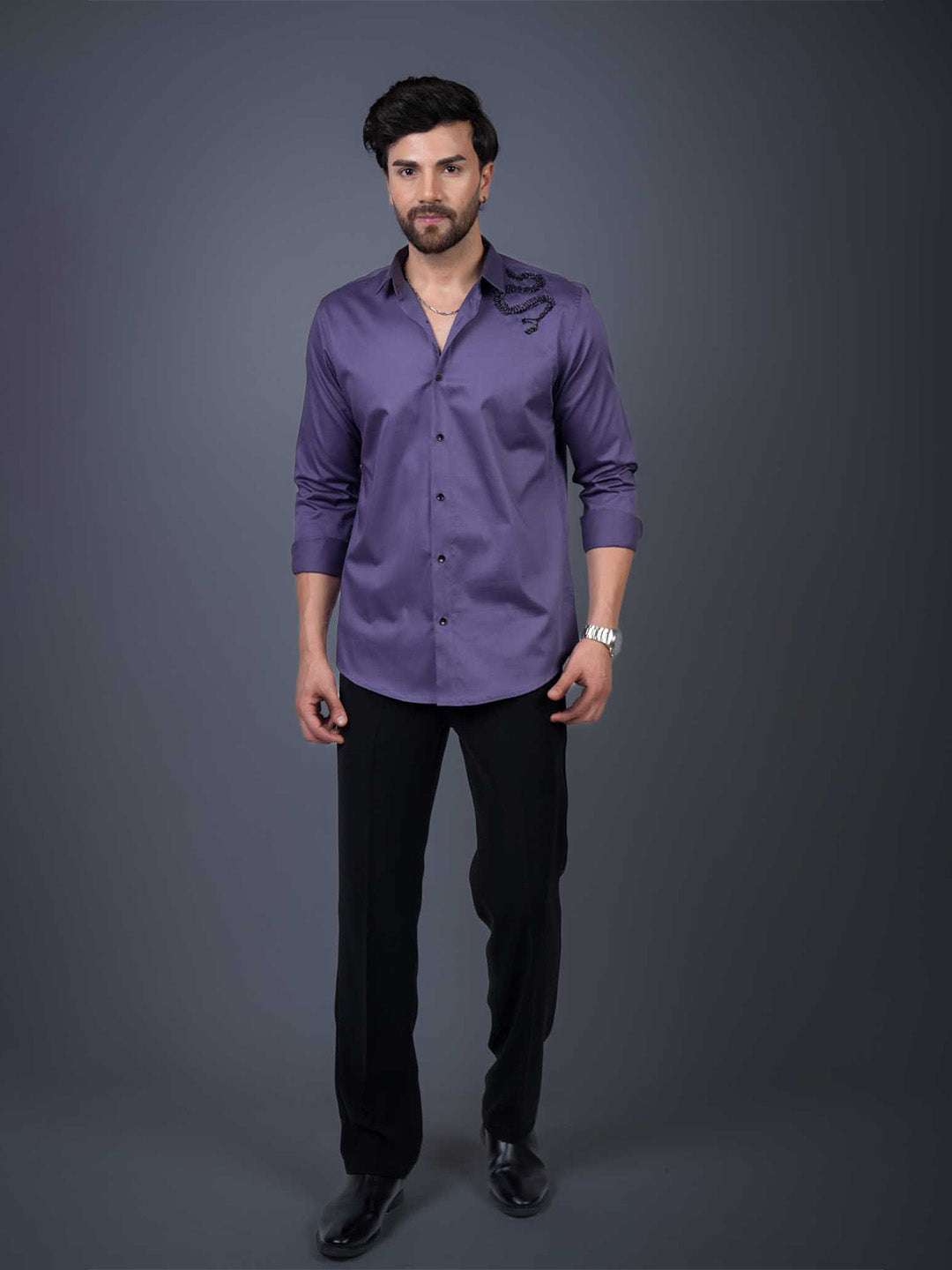 Purple Sequin Cotton Satin Slim Fit Shirt
