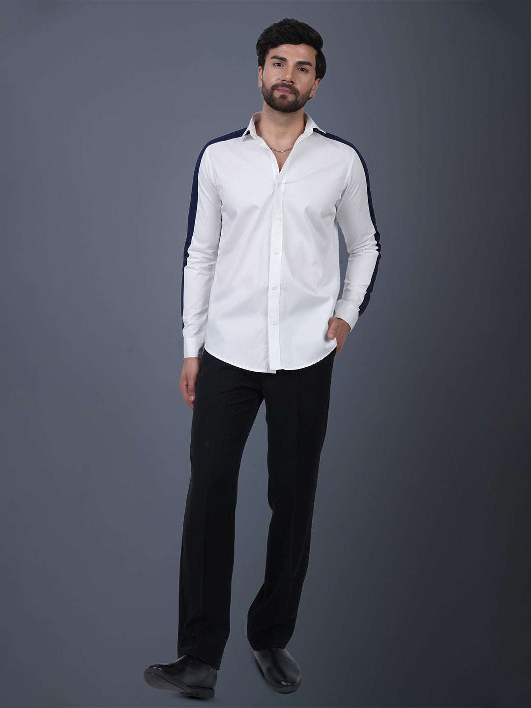 White And blue Colour Blocked Cotton Twill Slim Fit Shirt