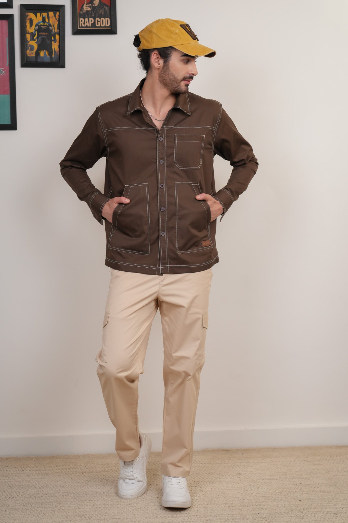 Brown Solid Heavy Cotton Twill Boxy Fit Shirt For Men