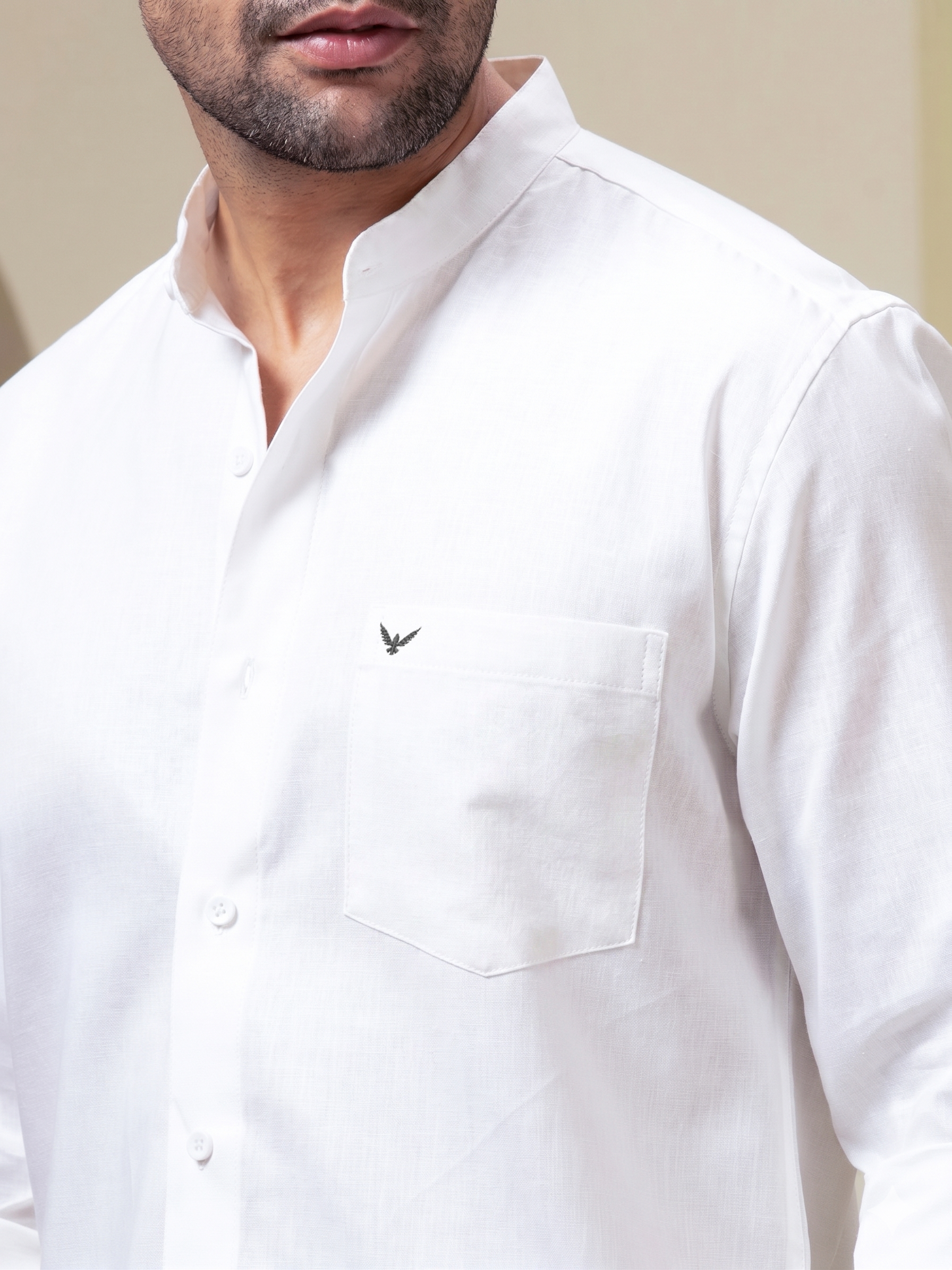Crystal White Linen Blend Band Collar Shirt