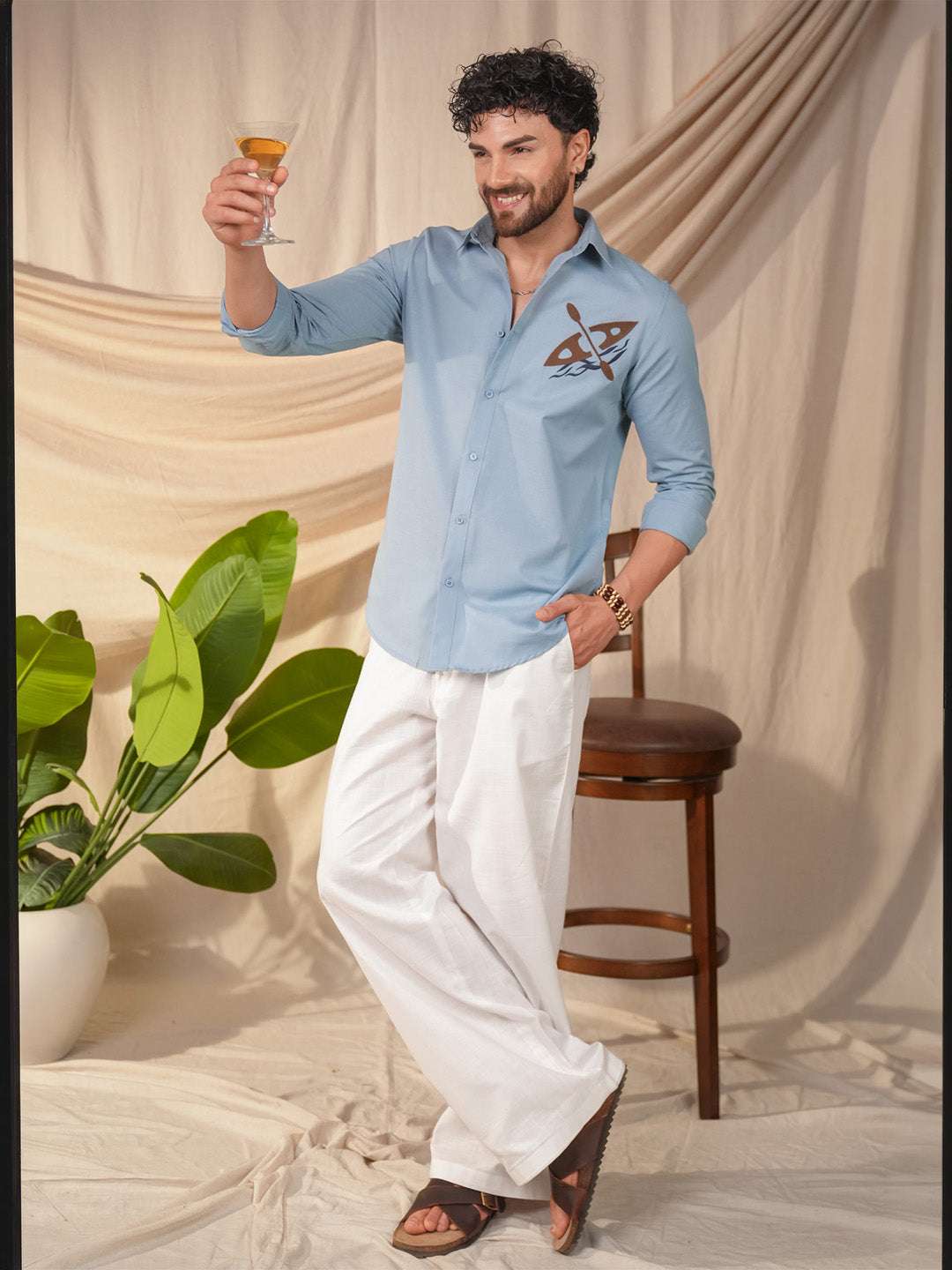 Aqua Blue Solid Linen Cotton Slim Fit Embroidery Printed Shirt