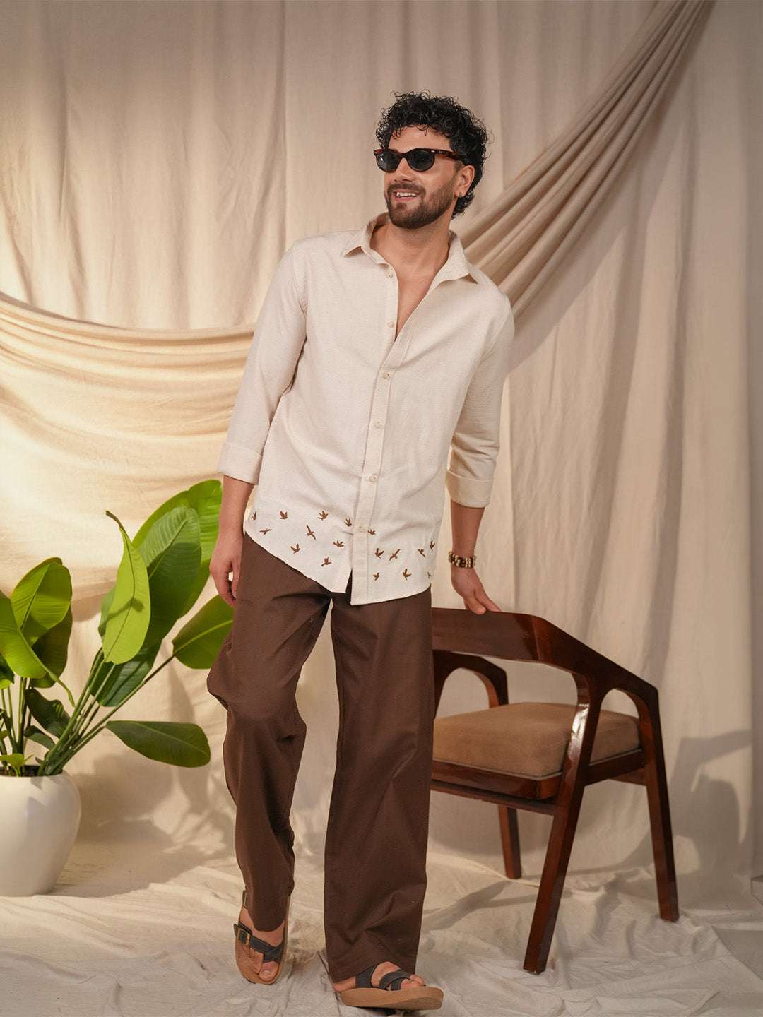 Beige Natural Grains Birds Flock Embroidery Linen Cotton Shirt