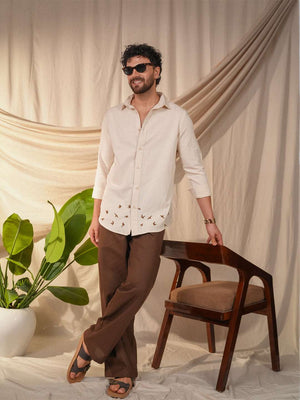 Beige Natural Grains Birds Flock Embroidery Linen Cotton Shirt