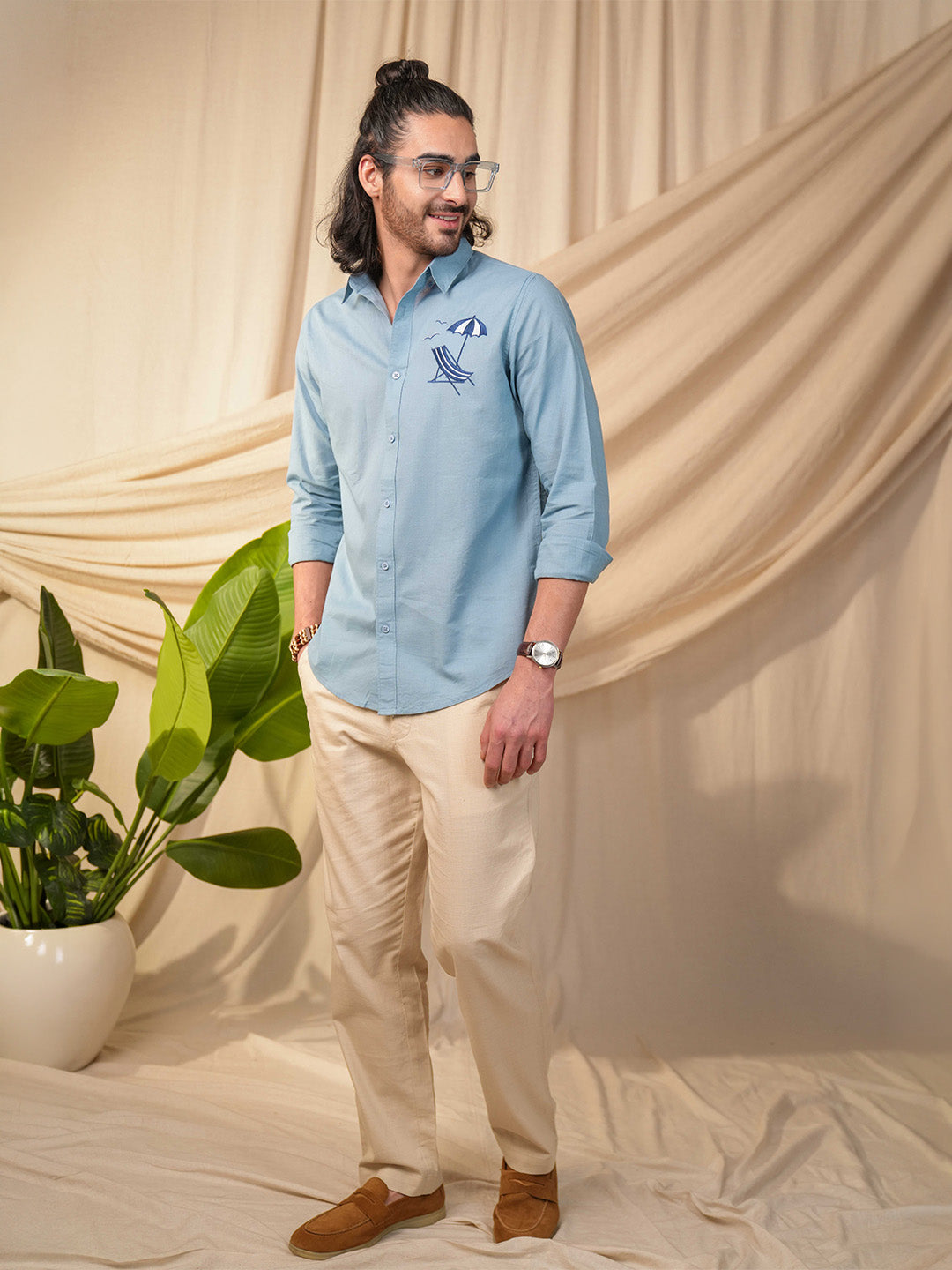 Aqua Blue Beach Chair Embroidery Linen Cotton Shirt