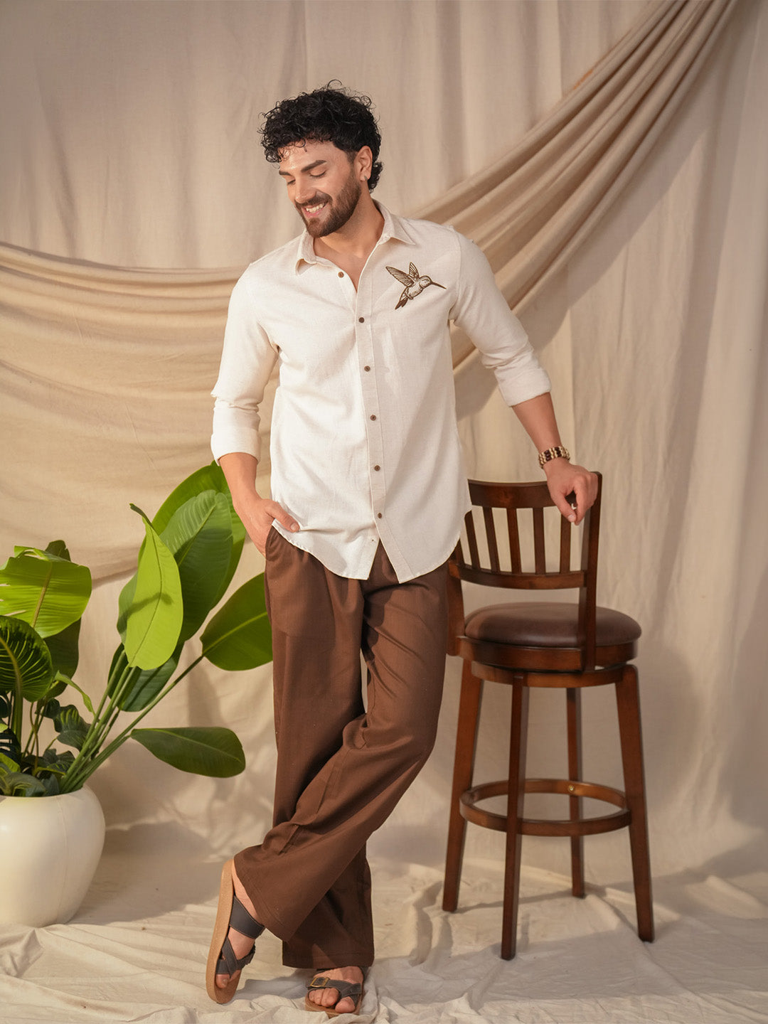 Beige Natural Grains Sparrow Embroidery Linen Cotton Shirt