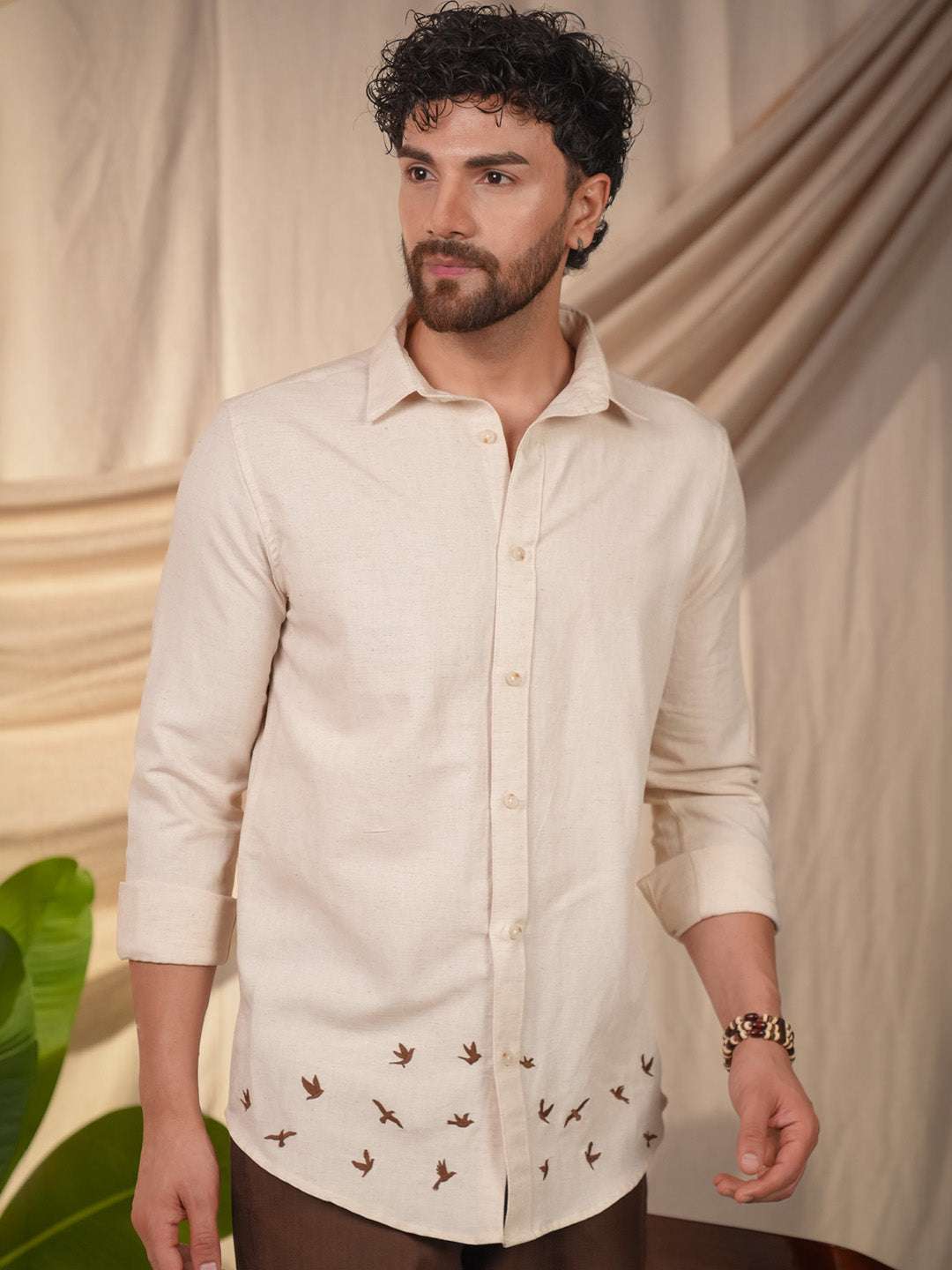 Beige Natural Grains Birds Flock Embroidery Linen Cotton Shirt