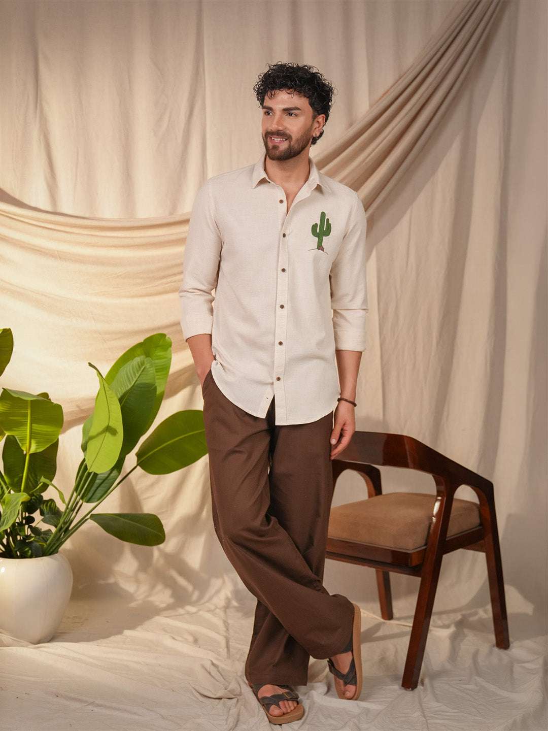Beige Natural Grains Cactus Embroidery Linen Cotton Shirt