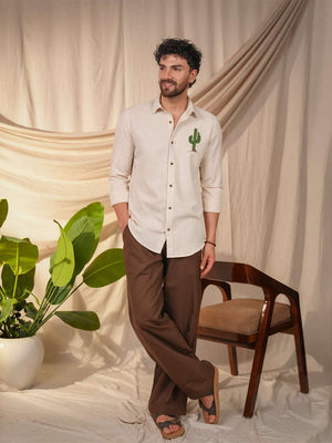 Beige Natural Grains Cactus Embroidery Linen Cotton Shirt