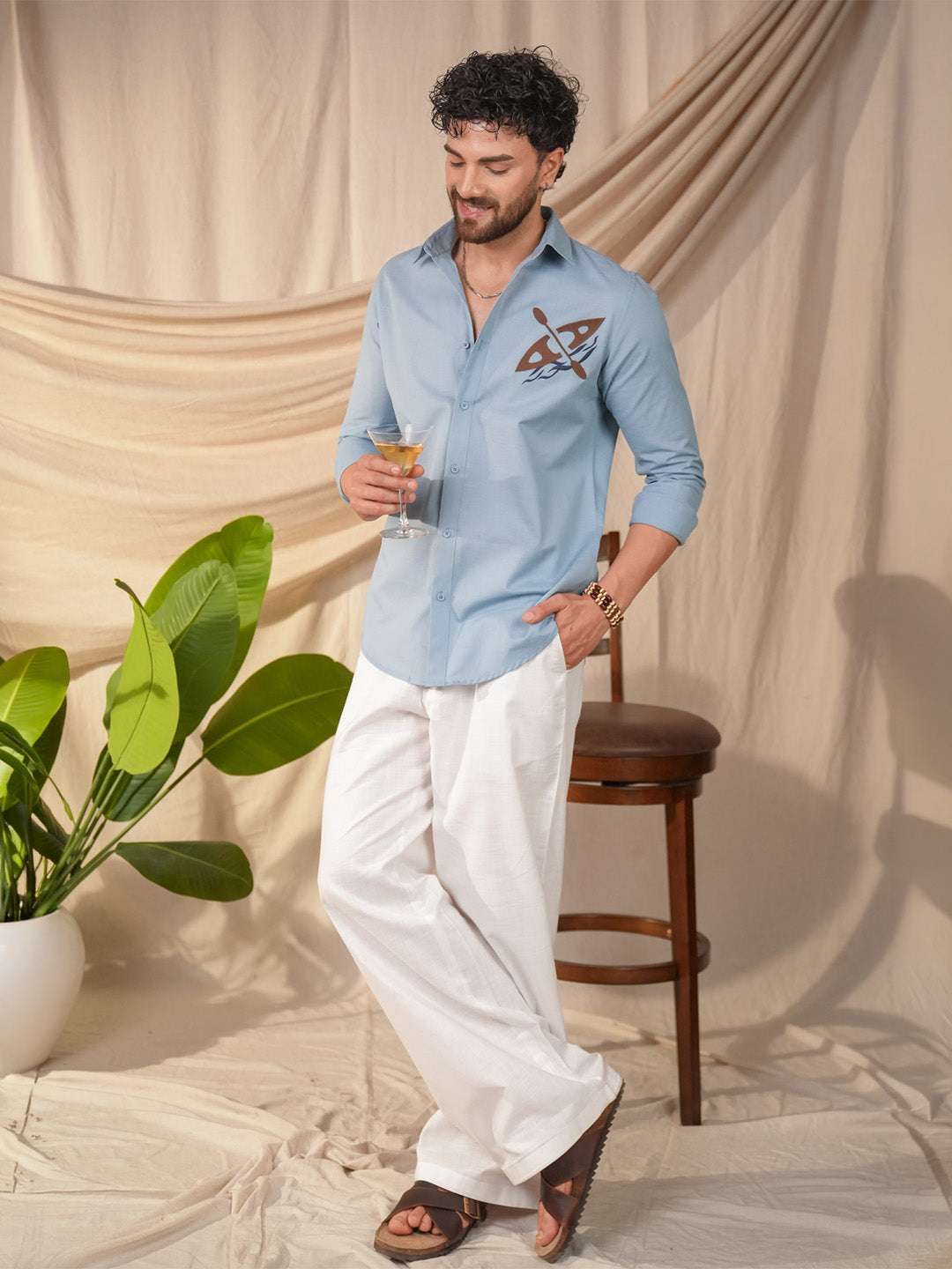 Aqua Blue Solid Linen Cotton Slim Fit Embroidery Printed Shirt