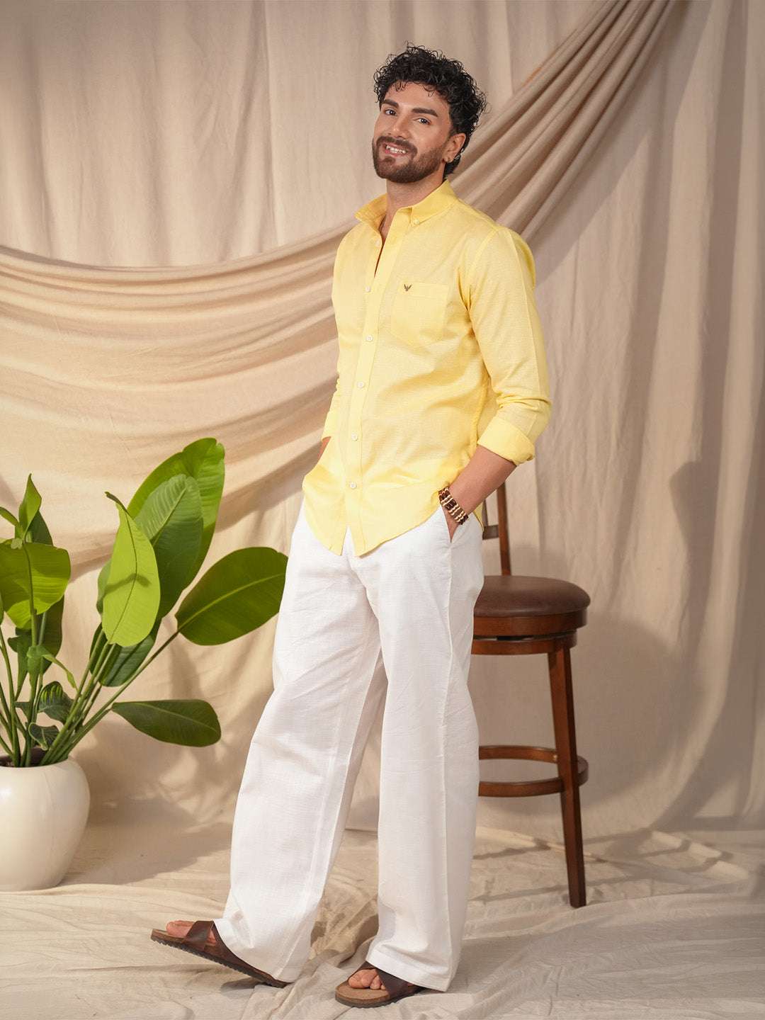 Lime Yellow Solid Pre-Washed Linen Cotton Slim Fit Shirt