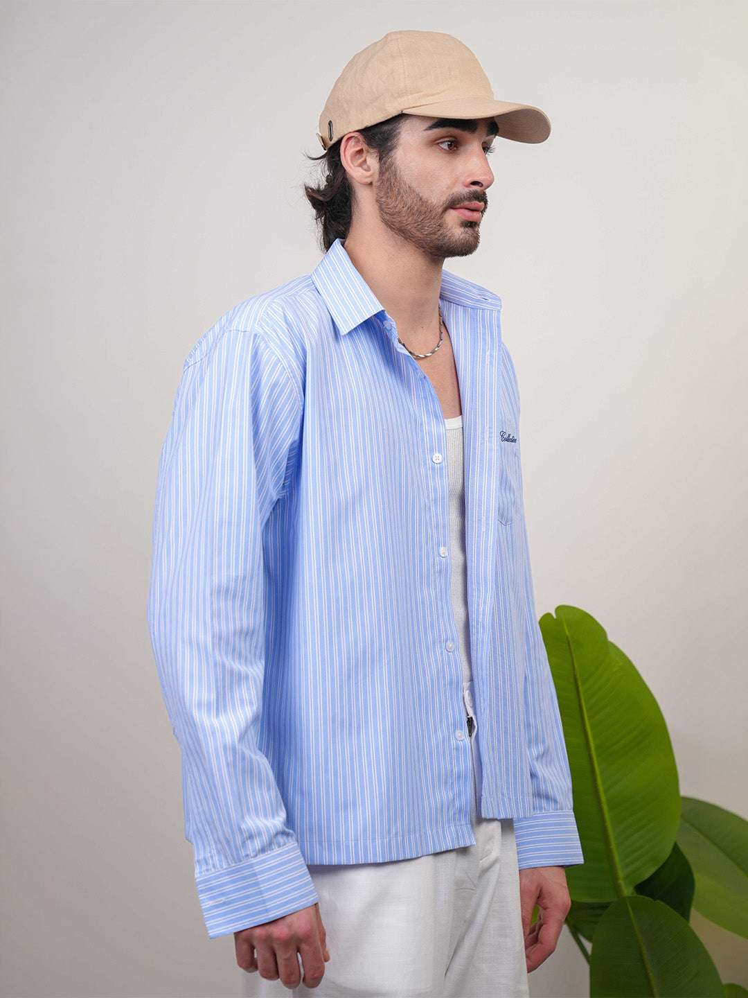Sky Blue Striped Cotton Boxy Fit Shirt