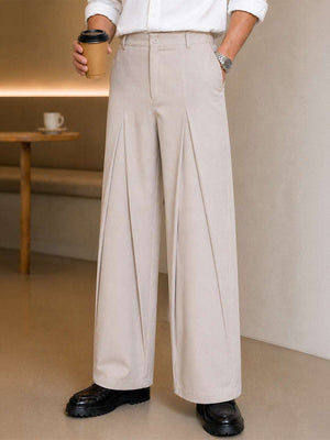 Cream Solid Loose Fit Mid-pleat Korean Pant