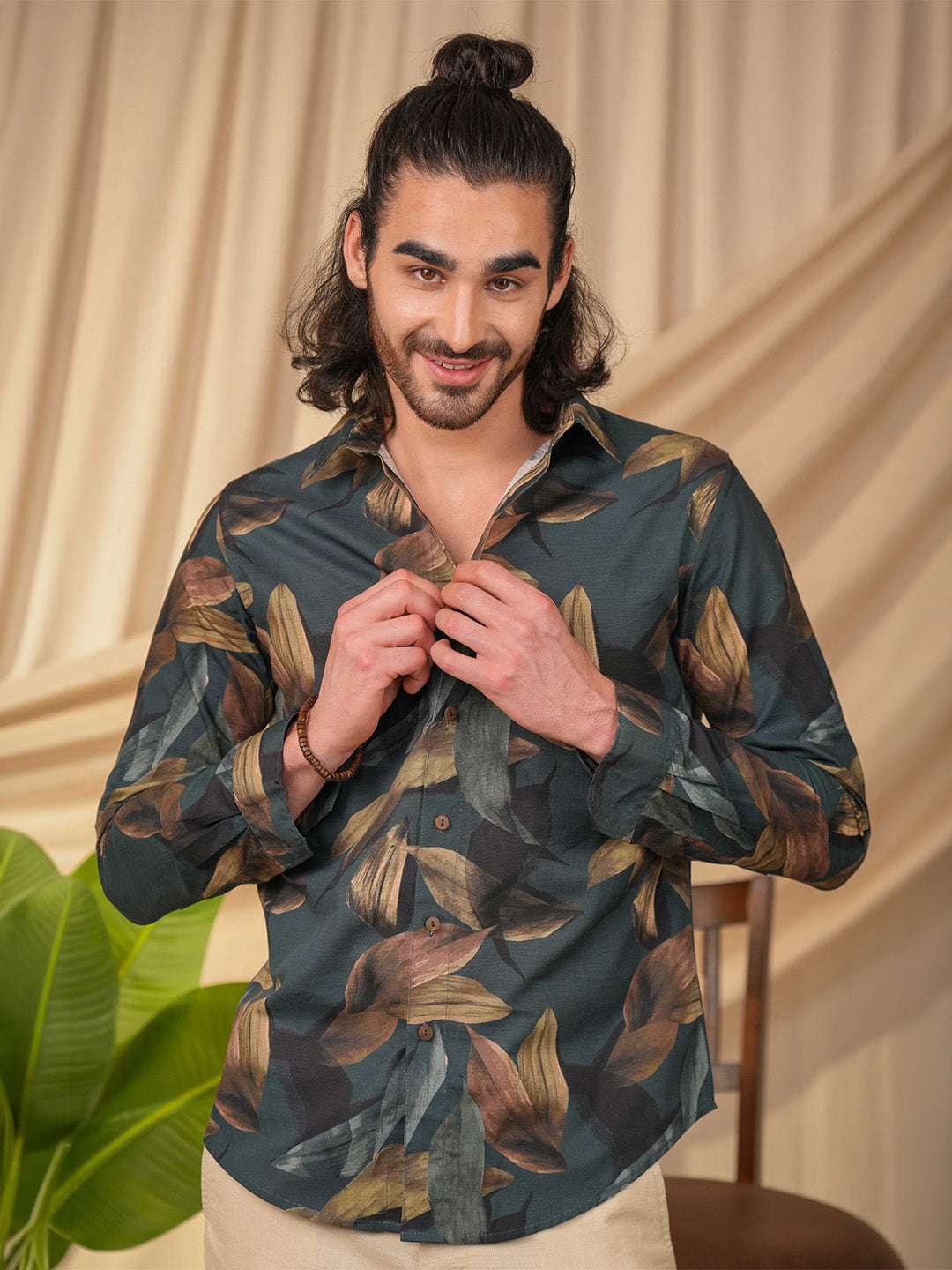 Dark Teal Printed Cotton Slim Fit Shirt