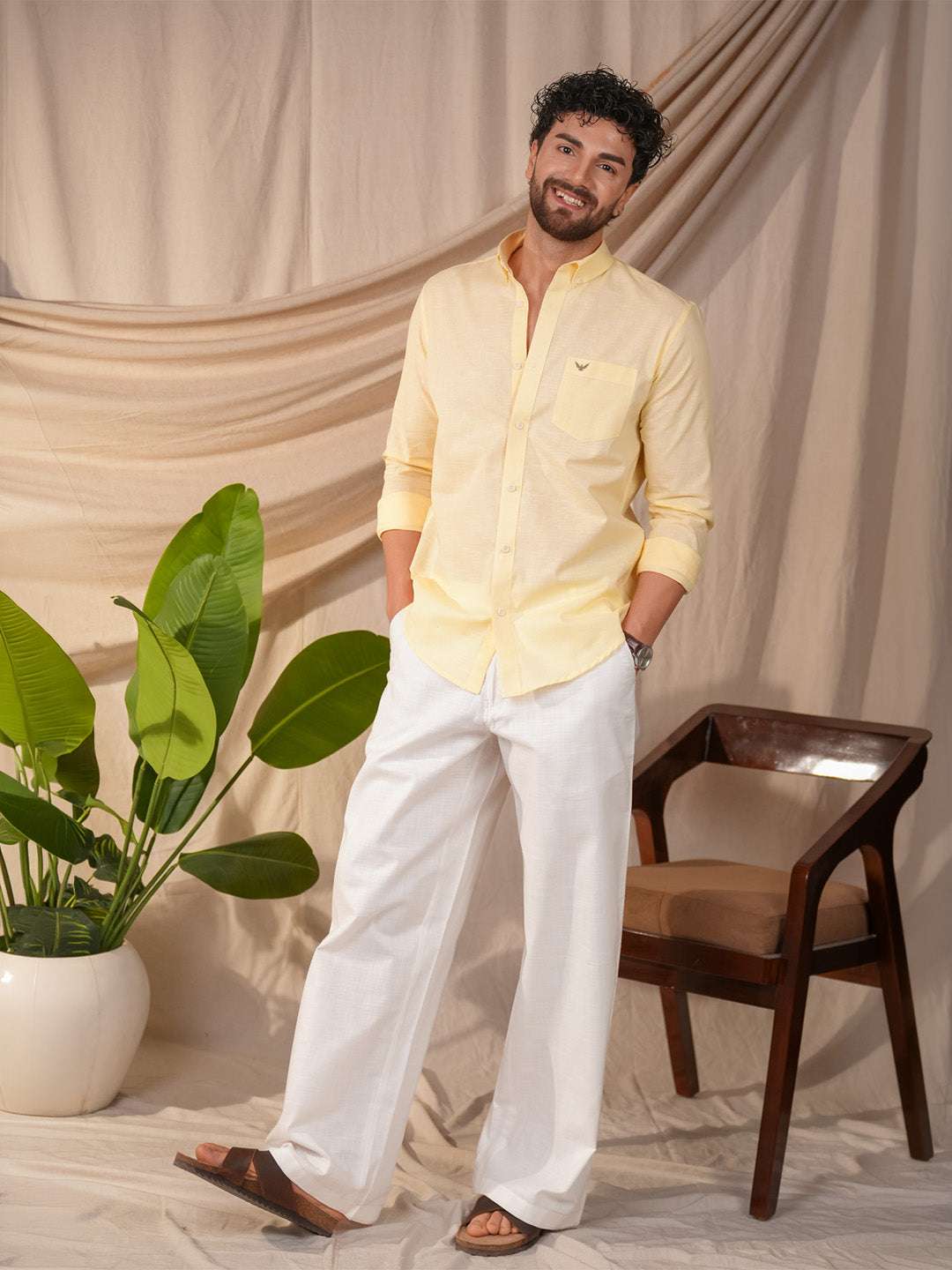Light Yellow Solid Pre-Washed Linen Cotton Slim Fit Shirt