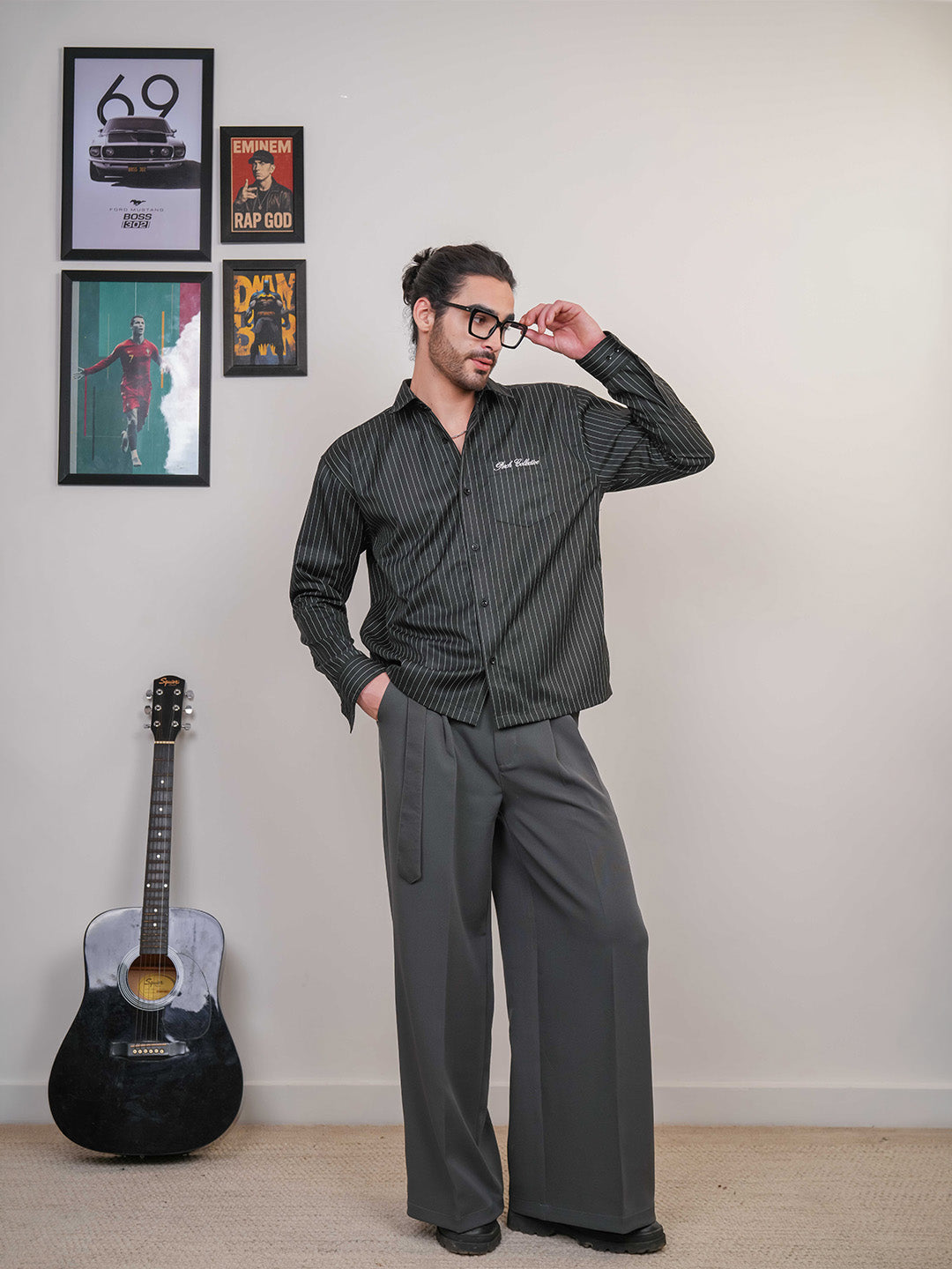 Black Striped Cotton Boxy Fit Shirt