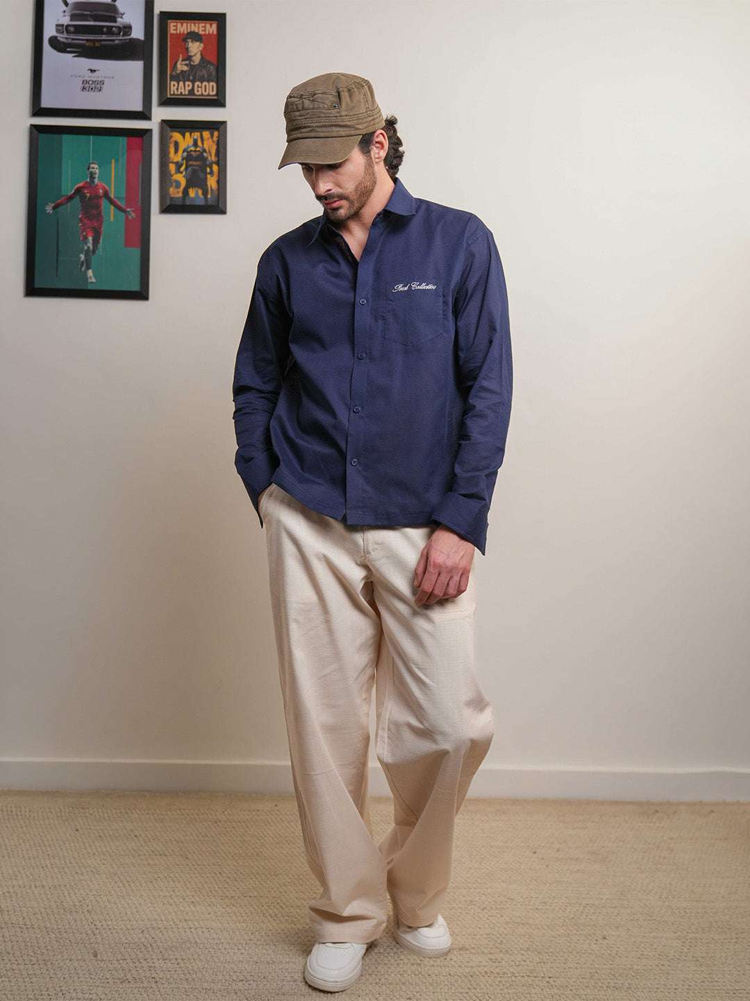 Navy Blue Solid Linen Cotton Boxy Fit Shirt