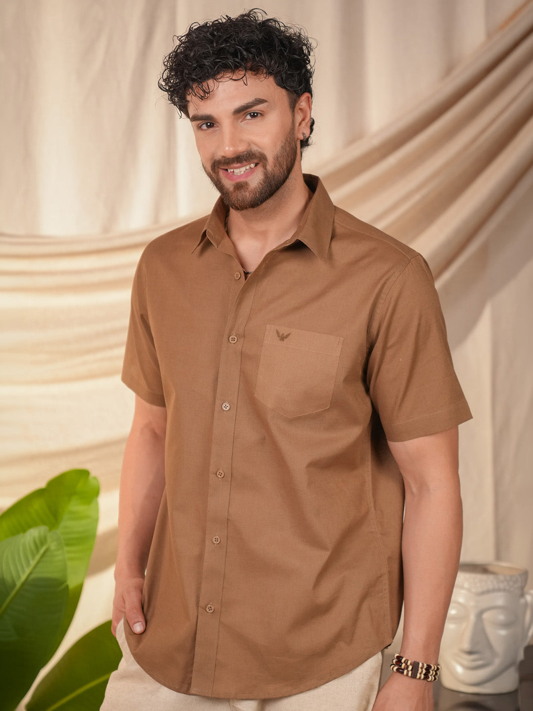 Brown Solid Pre-Washed Linen Cotton Slim Fit Shirt
