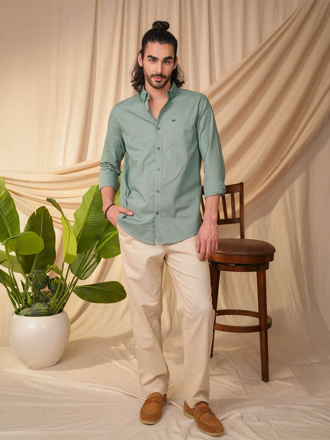Sea Green Solid Pre-Washed Linen Cotton Slim Fit Shirt