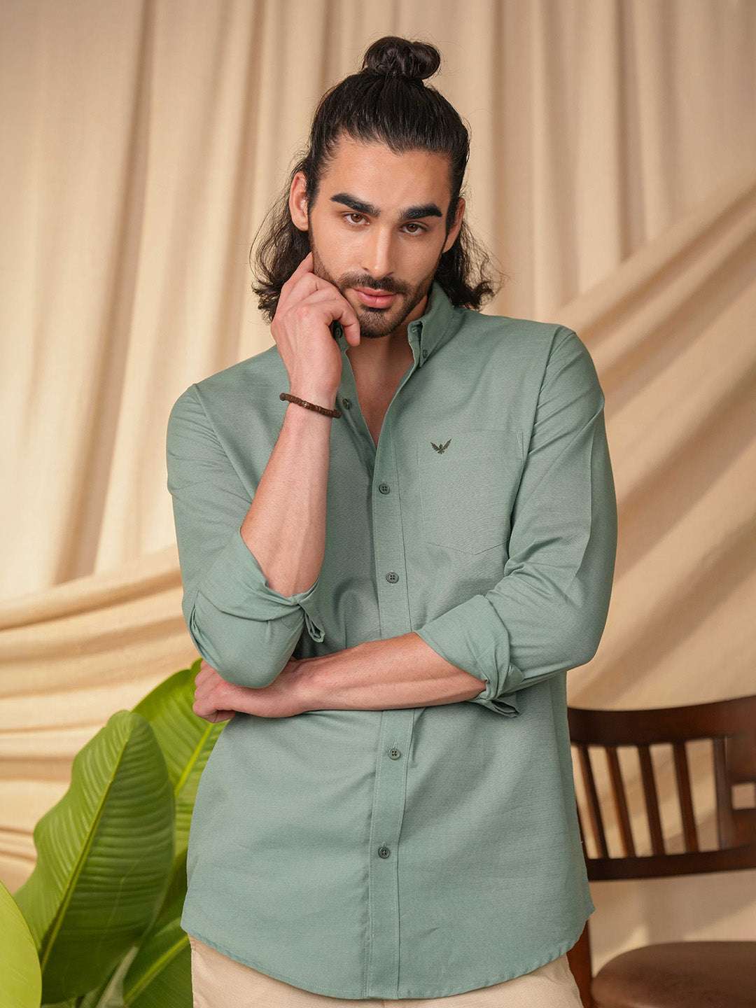 Sea Green Solid Pre-Washed Linen Cotton Slim Fit Shirt