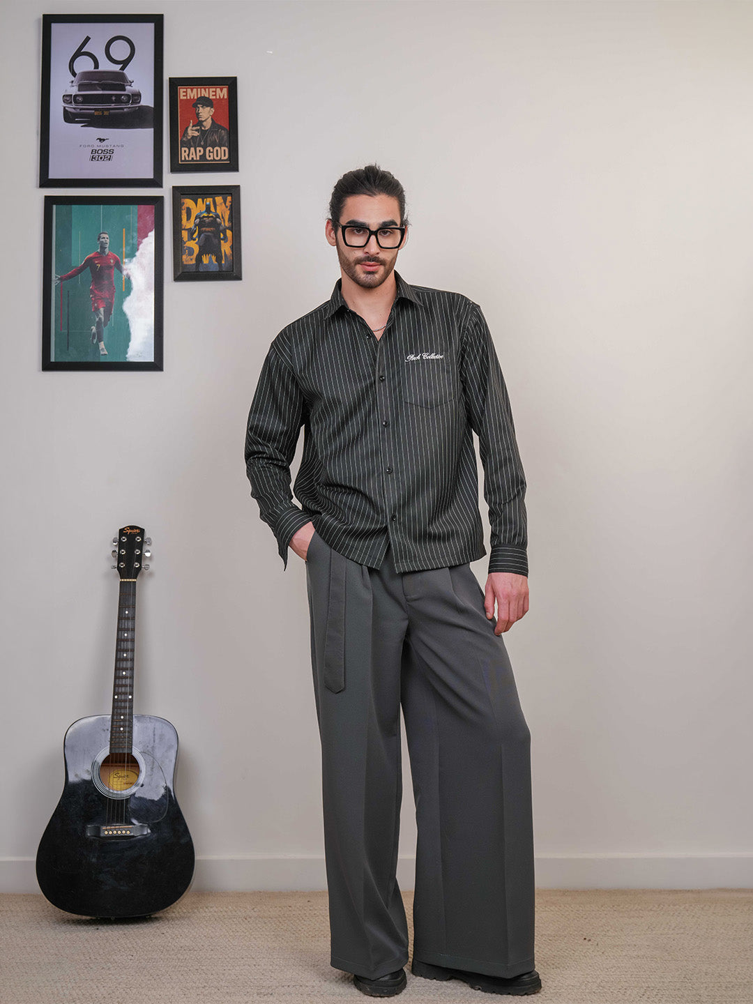 Black Striped Cotton Boxy Fit Shirt