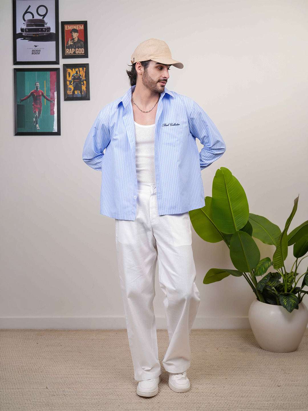 Sky Blue Striped Cotton Boxy Fit Shirt