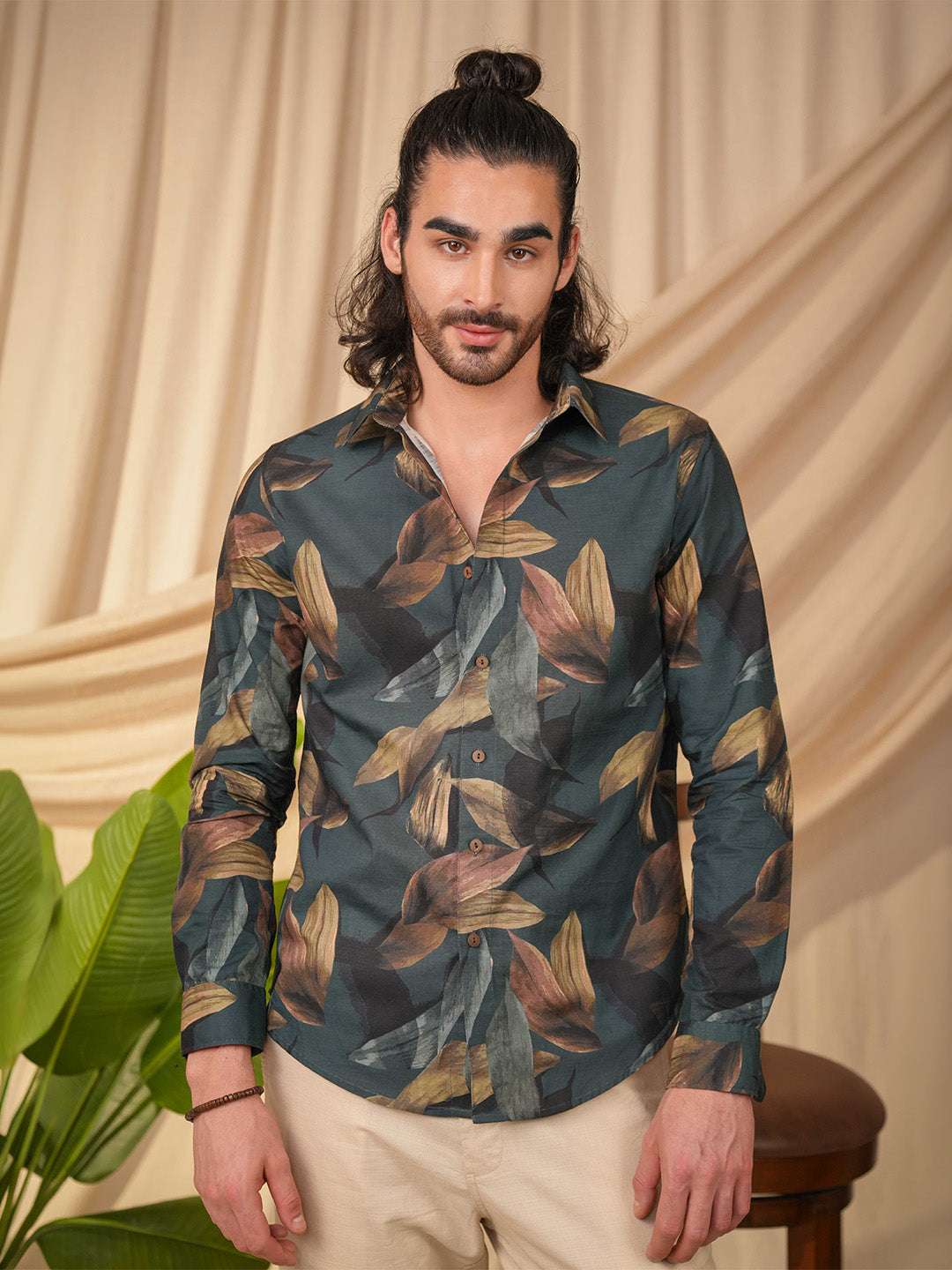 Dark Teal Printed Cotton Slim Fit Shirt