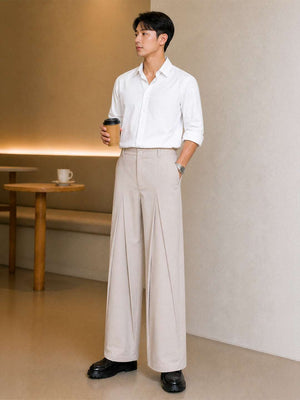 Cream Solid Loose Fit Mid-pleat Korean Pant