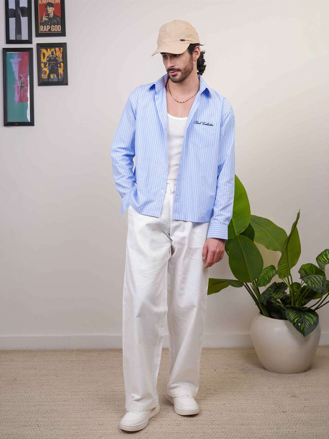 Sky Blue Striped Cotton Boxy Fit Shirt