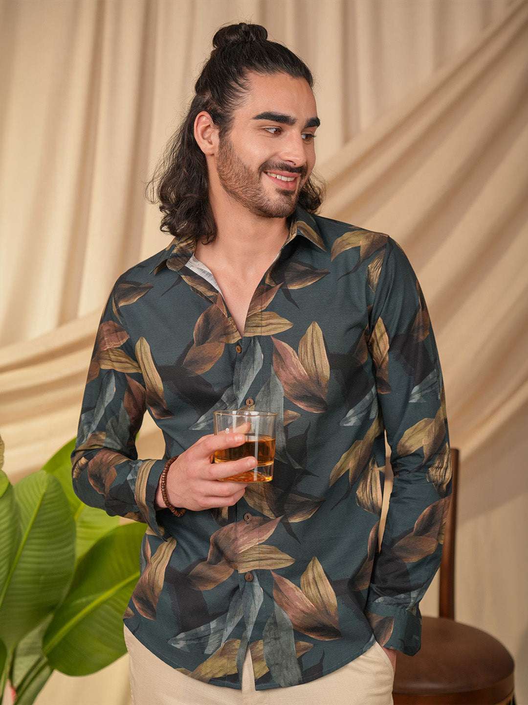 Dark Teal Printed Cotton Slim Fit Shirt