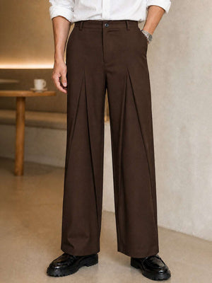 Brown Solid Loose Fit Mid-pleat Korean Pant