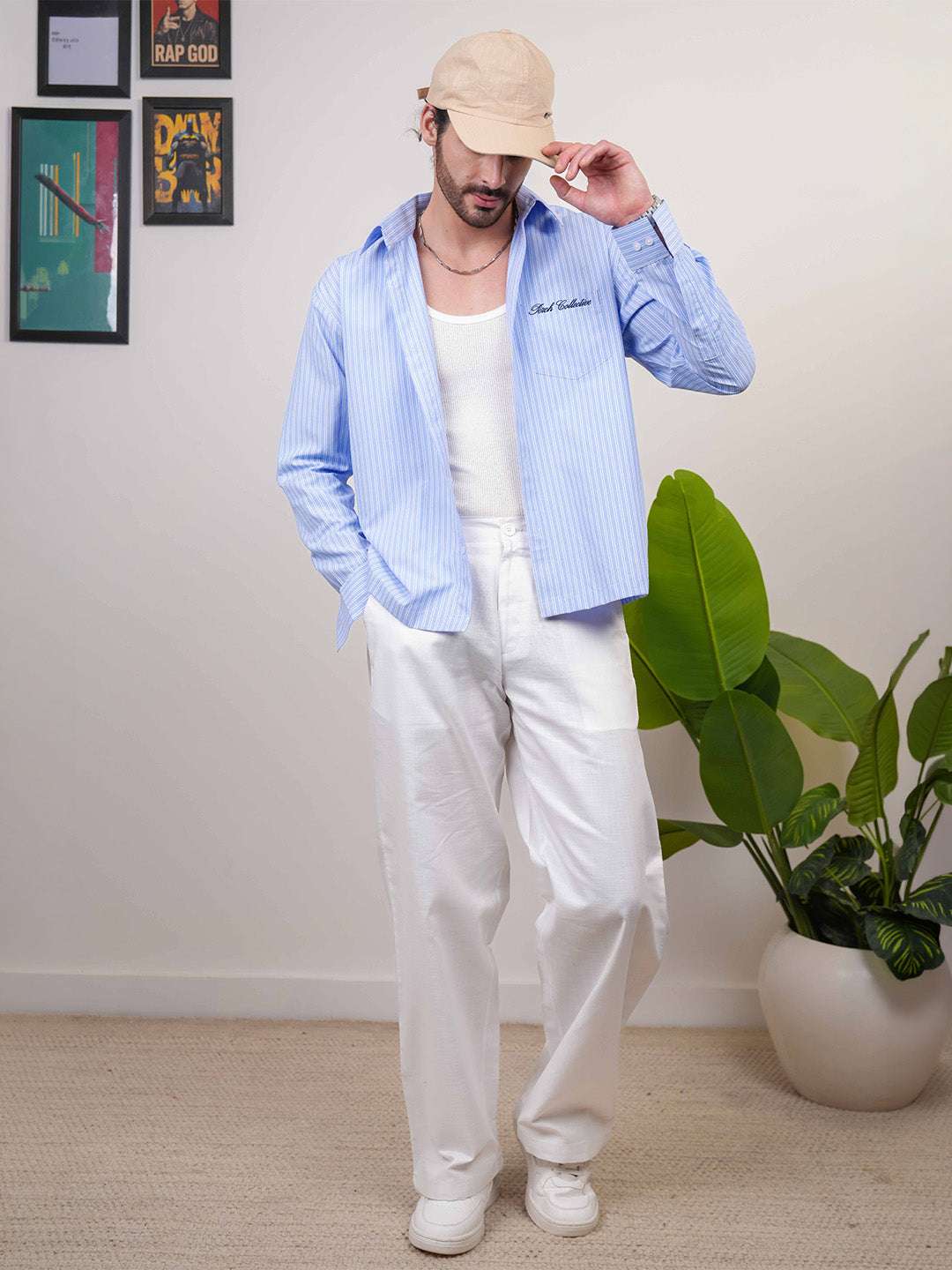 Sky Blue Striped Cotton Boxy Fit Shirt
