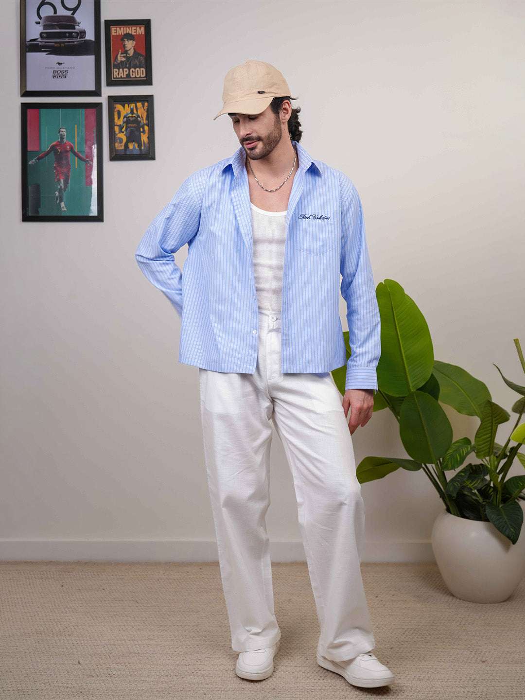 Sky Blue Striped Cotton Boxy Fit Shirt