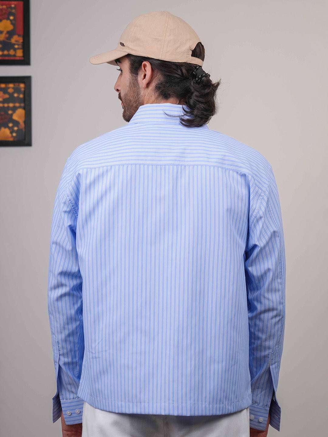 Sky Blue Striped Cotton Boxy Fit Shirt