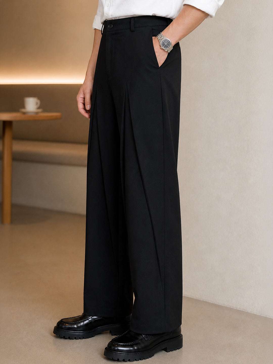Black Solid Loose Fit Mid-pleat Korean Pant