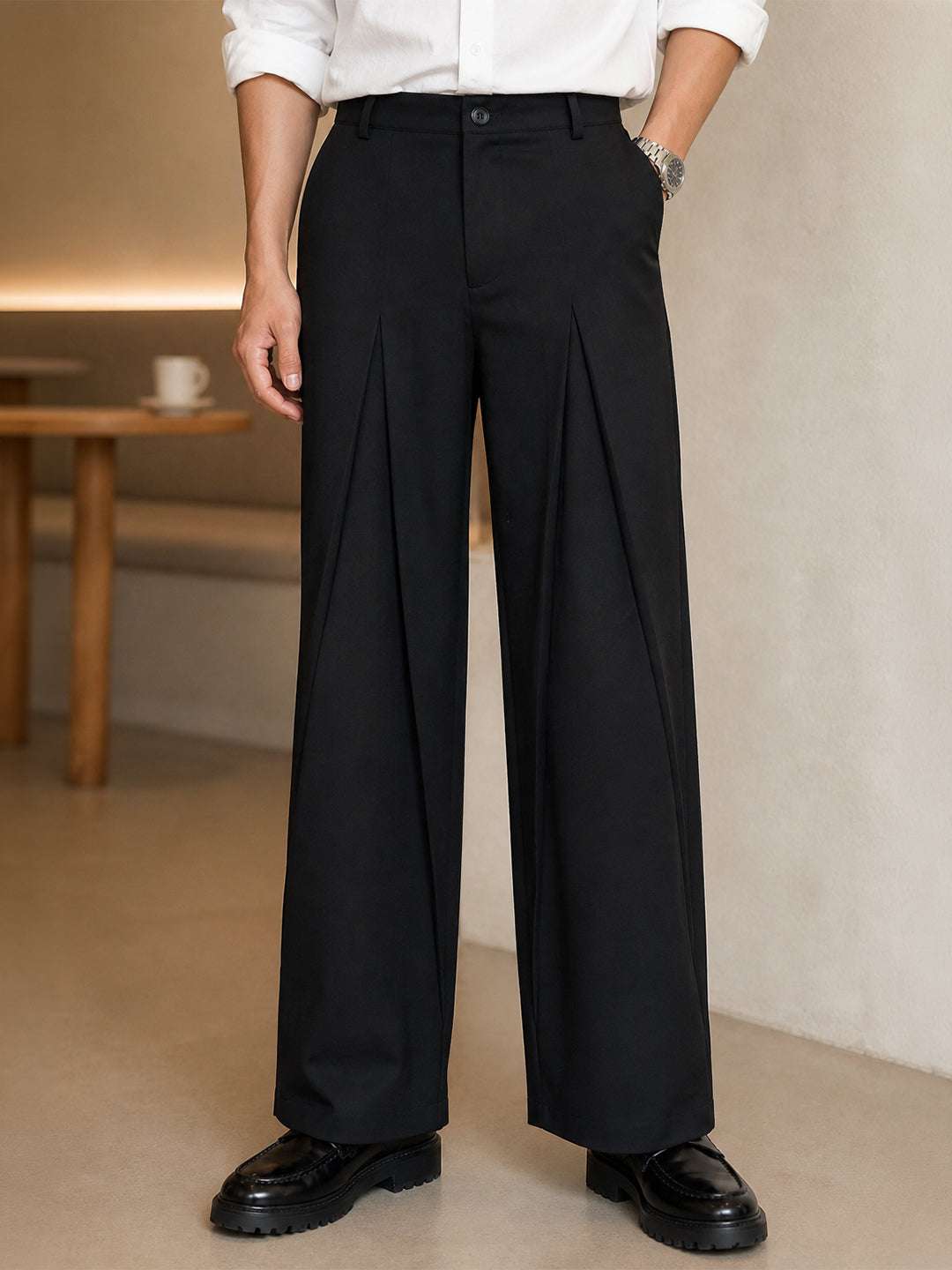 Black Solid Loose Fit Mid-pleat Korean Pant