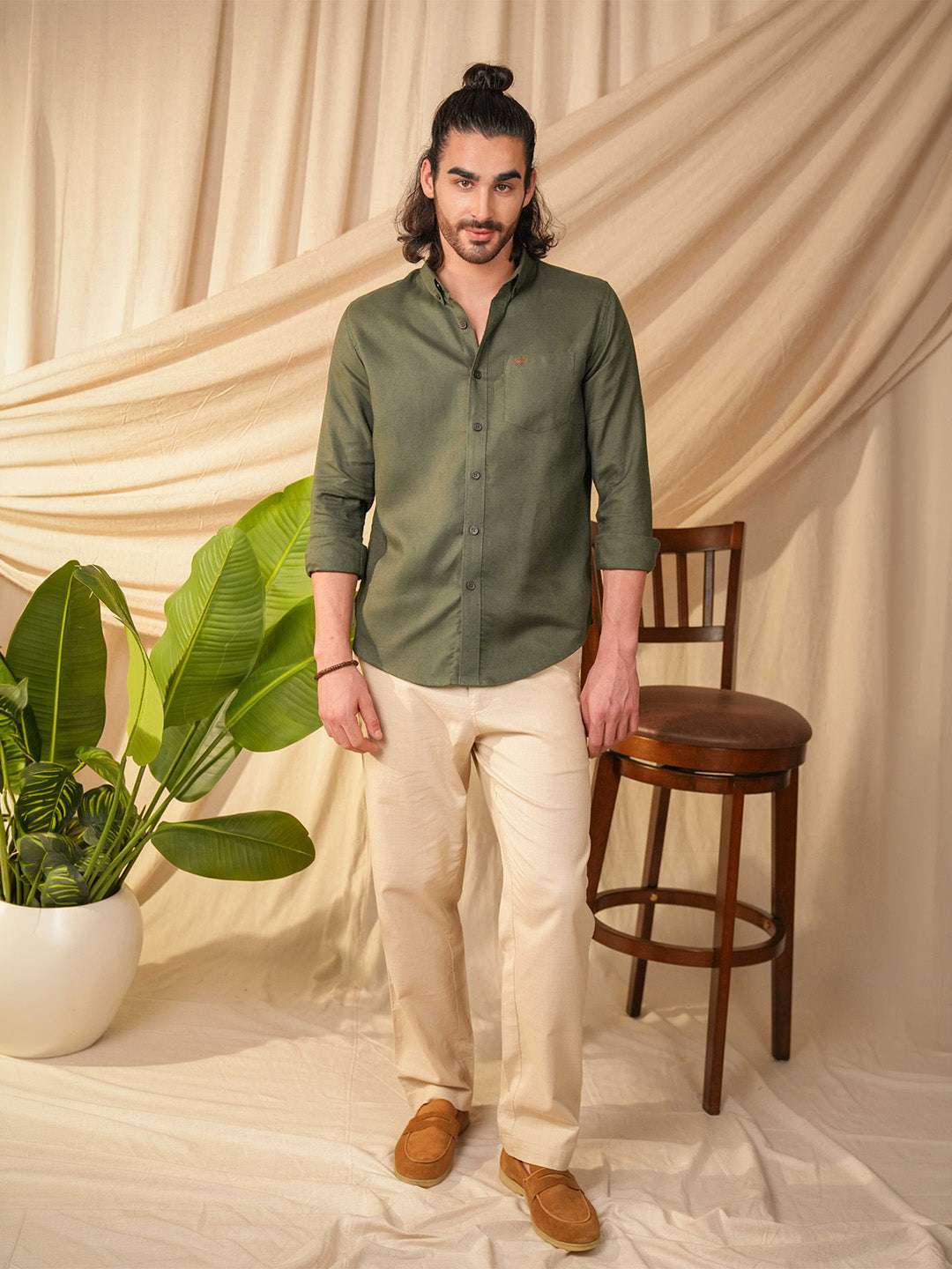 Olive Green Solid Pre-Washed Linen Cotton Slim Fit Shirt