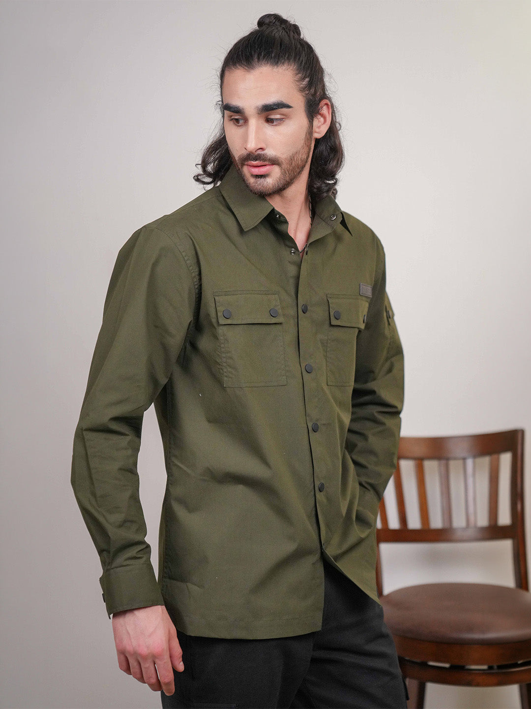 Olive Green Solid Heavy Cotton Poplin Boxy Fit Shirt