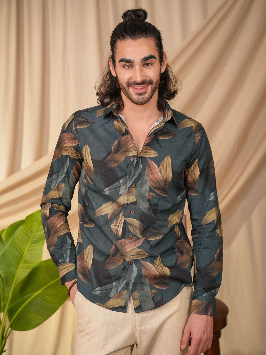 Dark Teal Printed Cotton Slim Fit Shirt