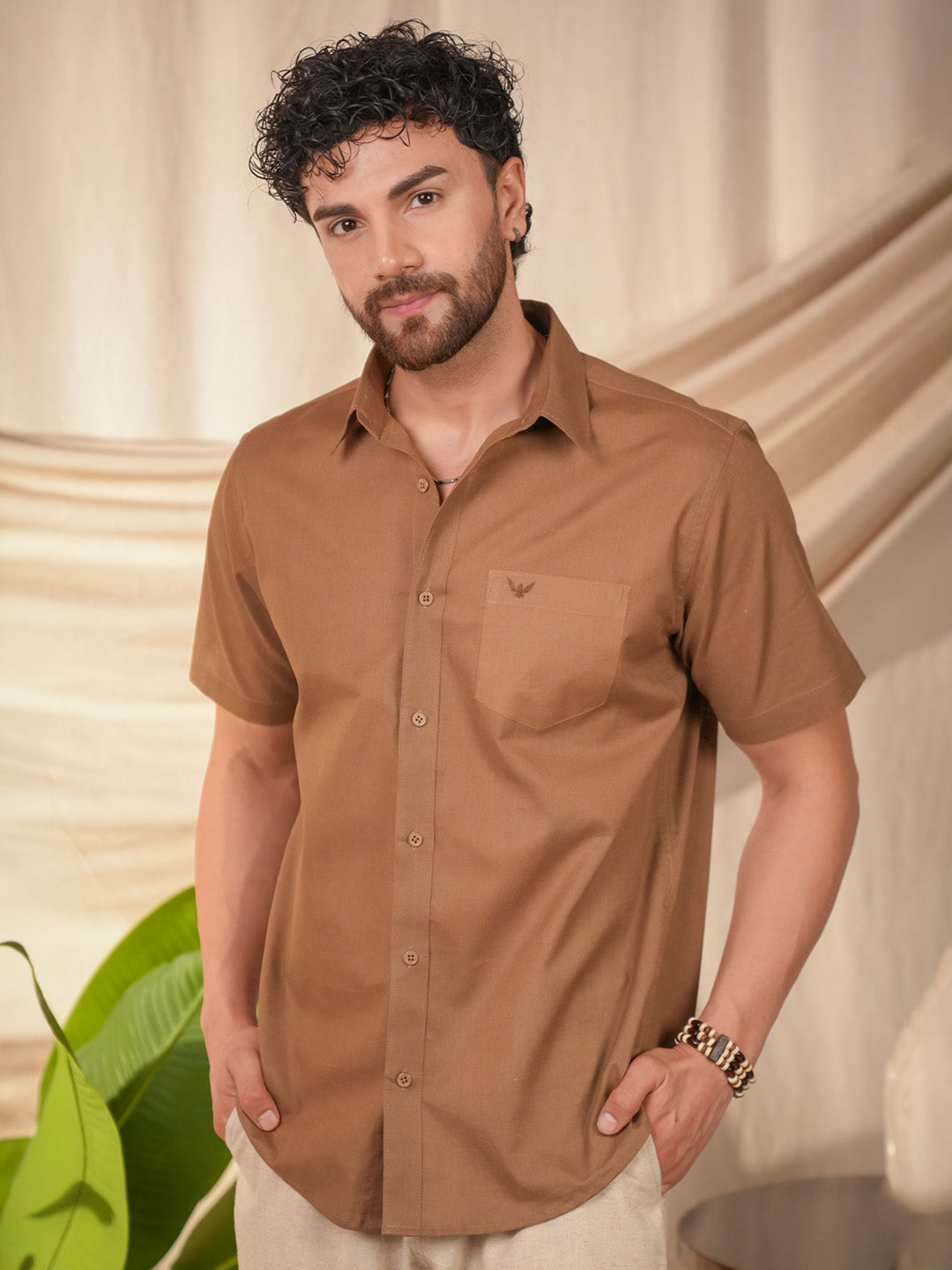 Brown Solid Pre-Washed Linen Cotton Slim Fit Shirt