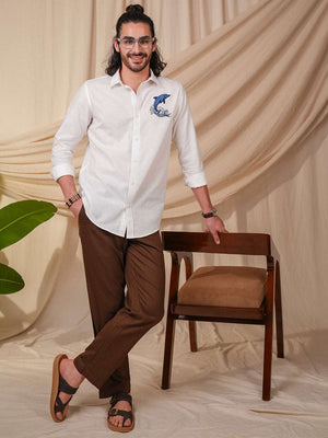 White Dolphin Embroidery Linen Cotton Shirt