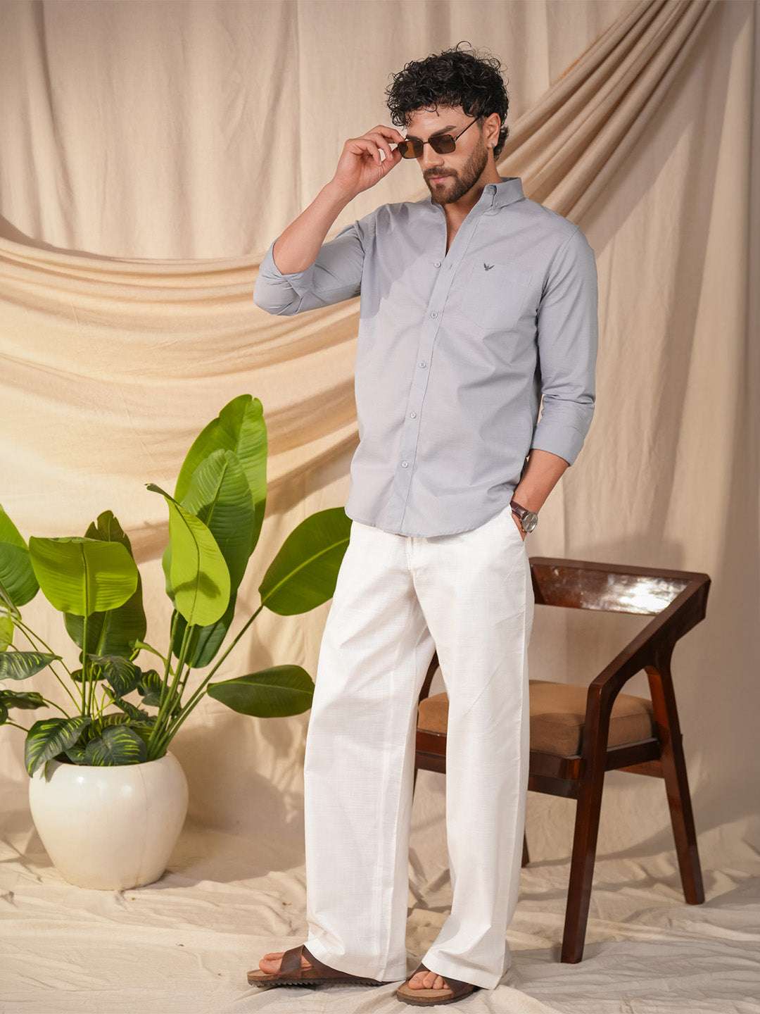 Light Gray Solid Pre-Washed Linen Cotton Slim Fit Shirt
