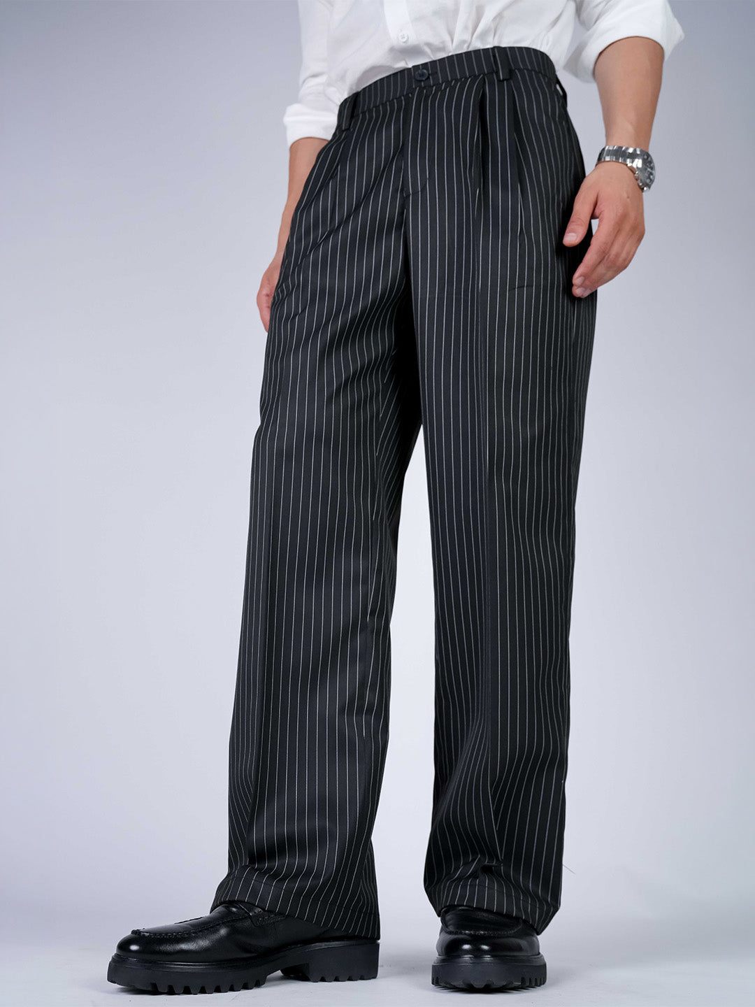 Black Striped Viscose Relaxed Fit Korean Pant