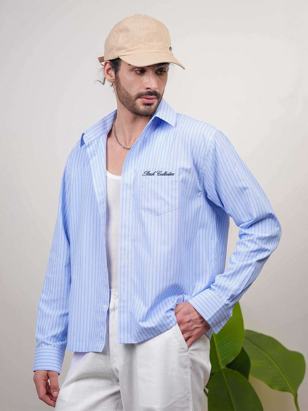 Sky Blue Striped Cotton Boxy Fit Shirt