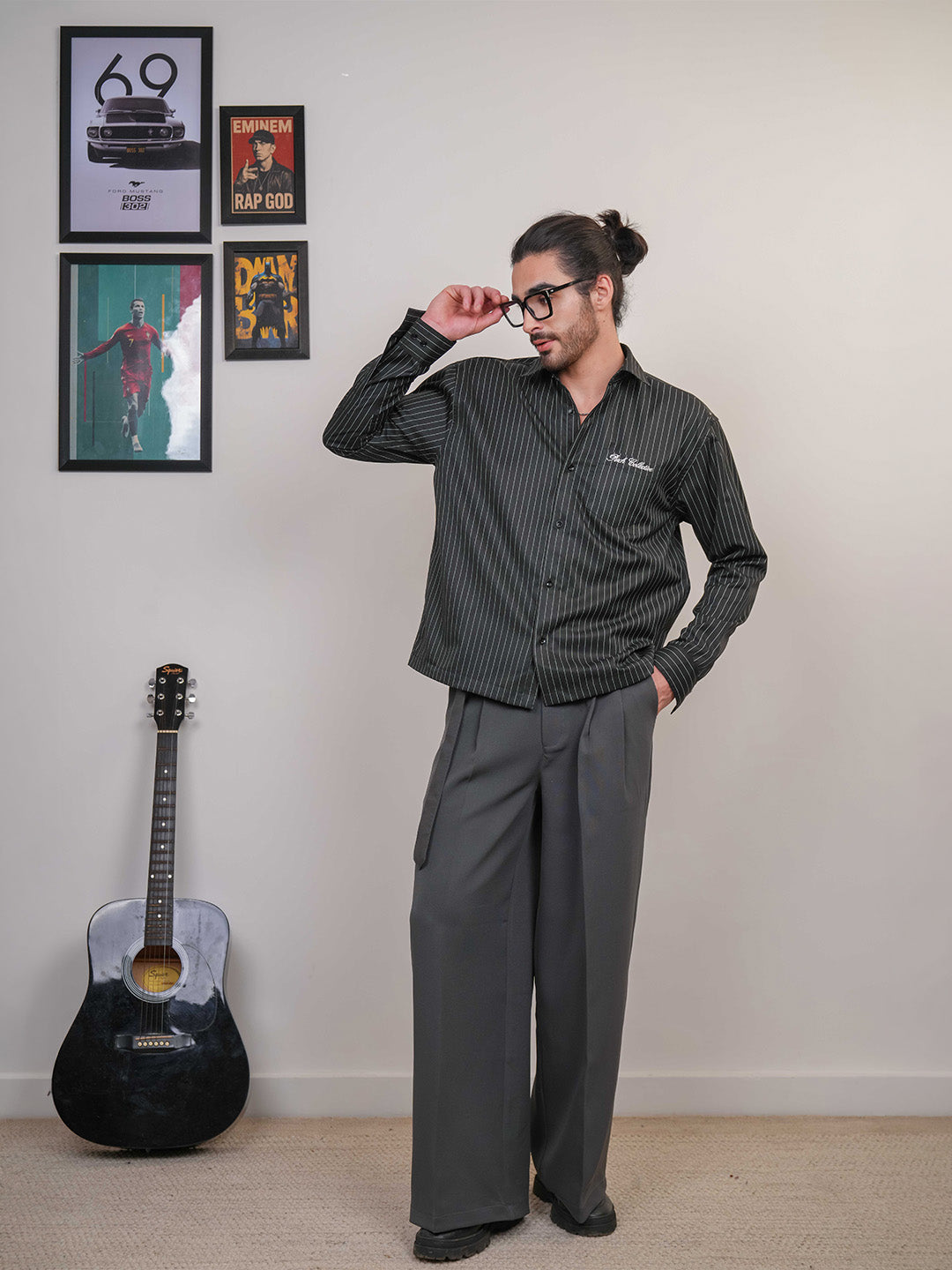 Black Striped Cotton Boxy Fit Shirt