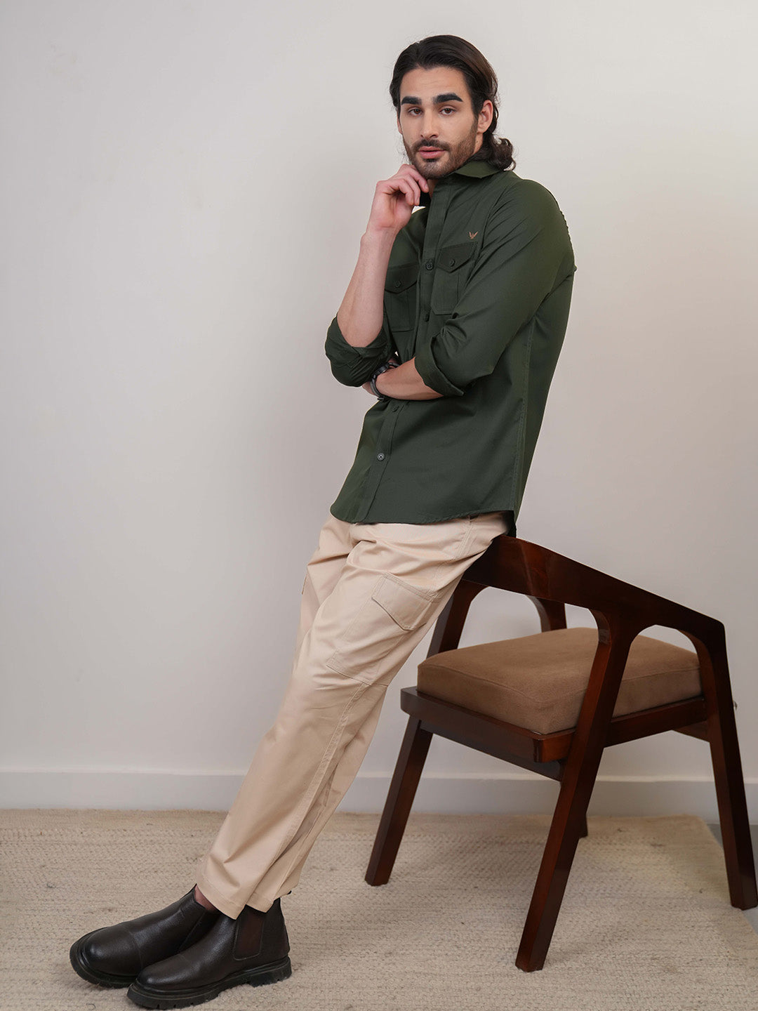 English Green Solid Cotton Twill  Slim Fit Shirt