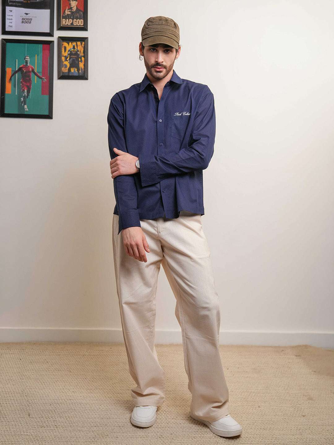 Navy Blue Solid Linen Cotton Boxy Fit Shirt