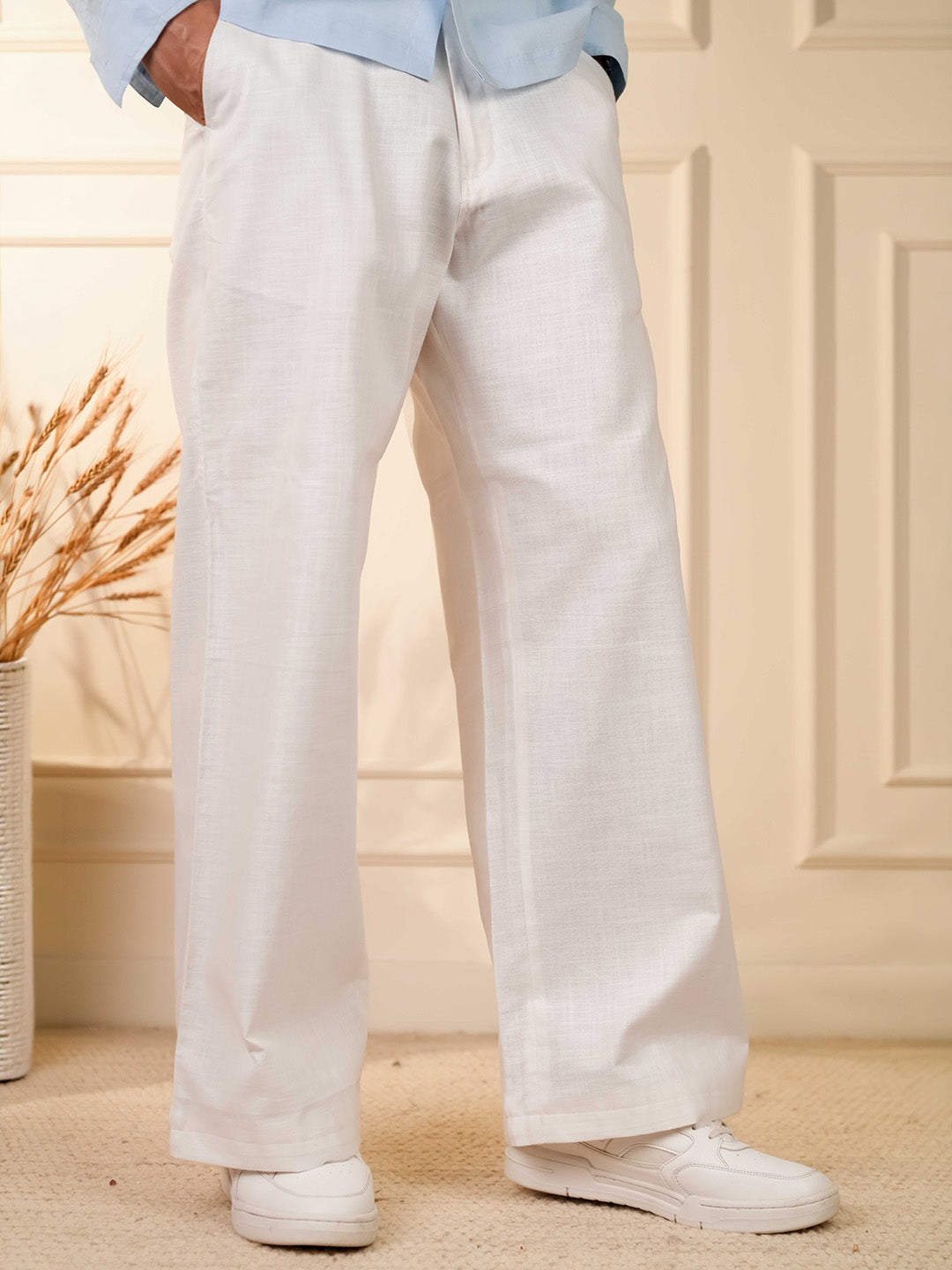 White Solid Linen Cotton Relaxed Fit Pants