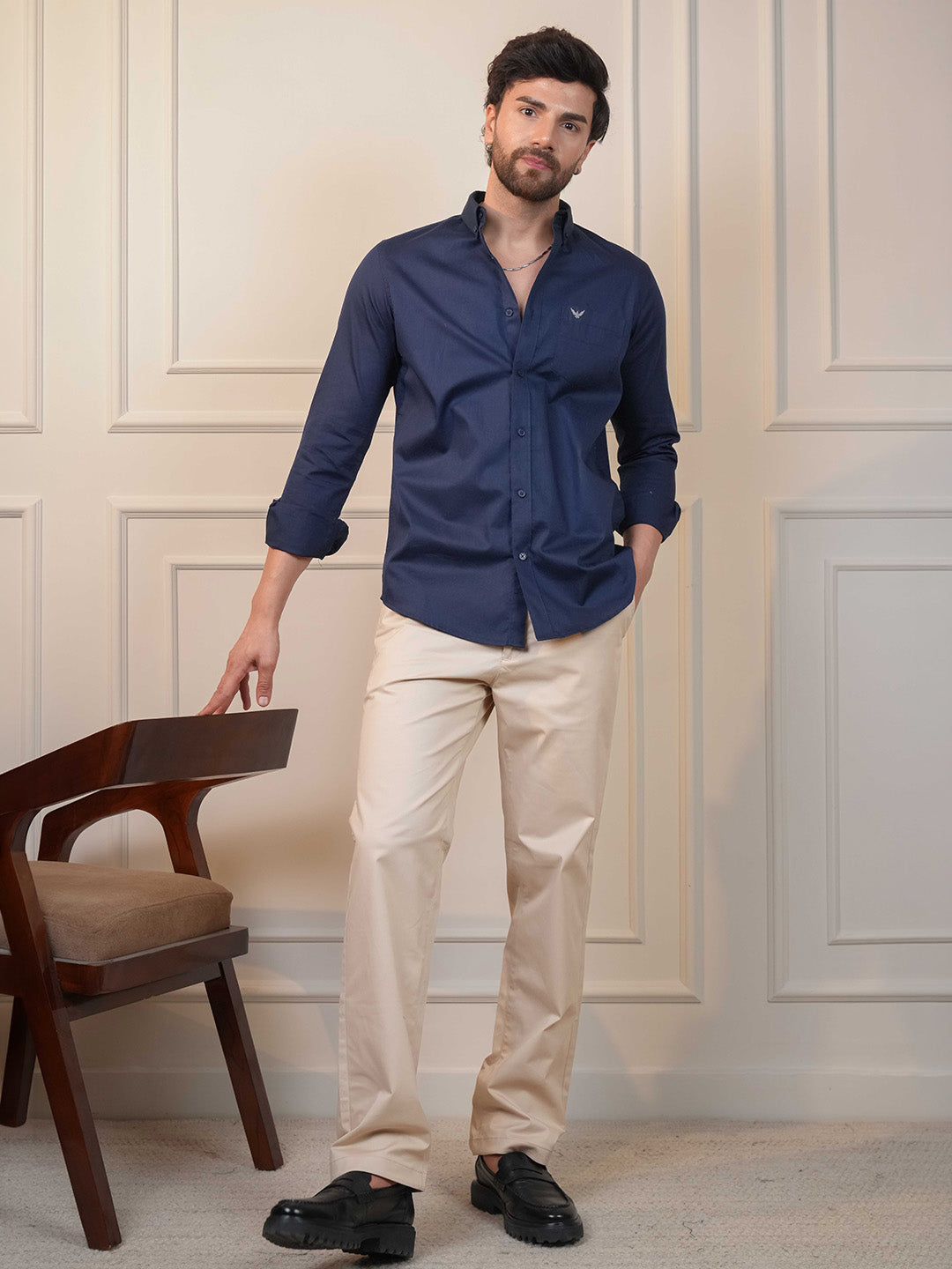 Navy Solid Cotton Twill  Slim Fit Shirt