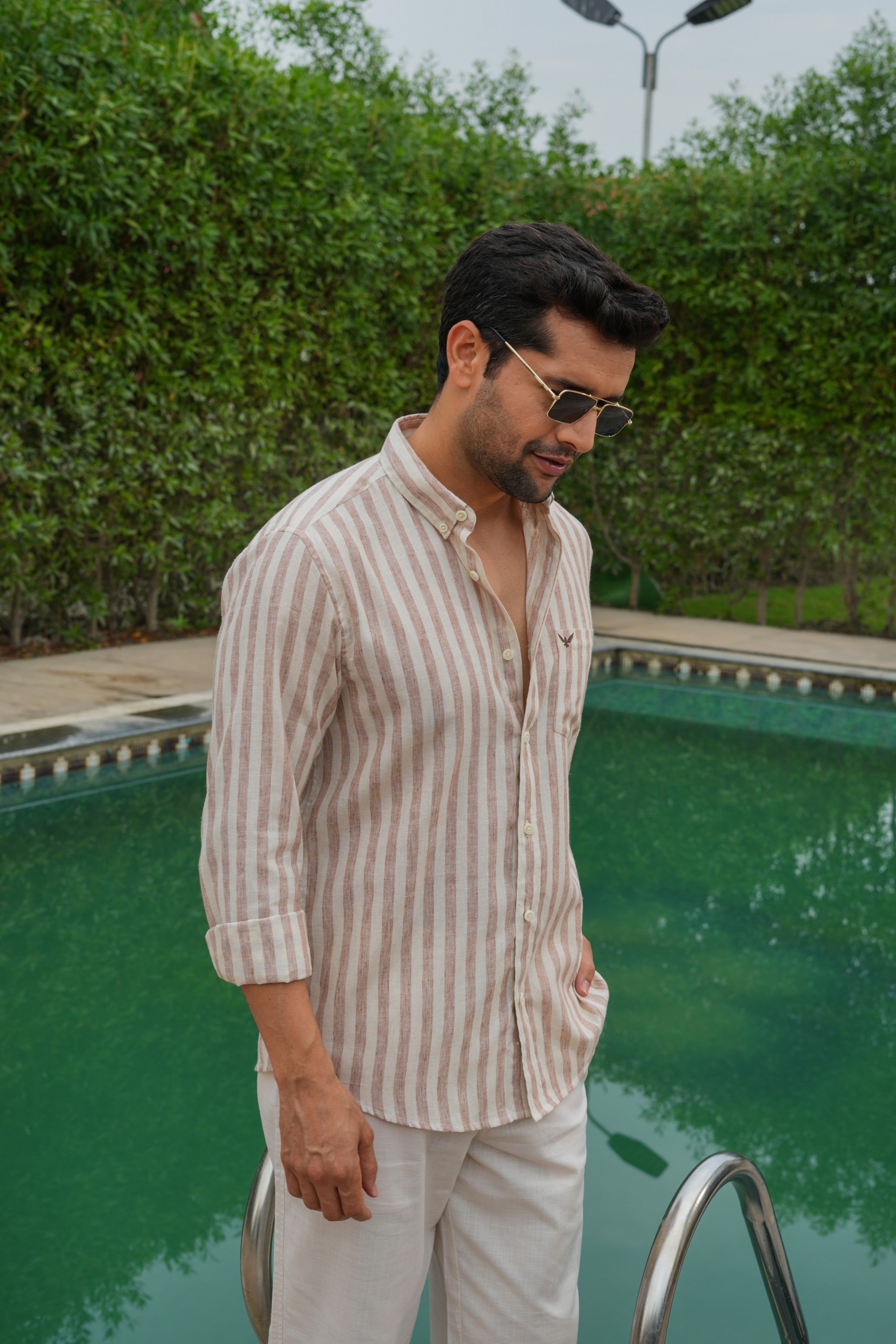 Rust Striped Slim Fit Pre-Washed Linen Cotton Shirt