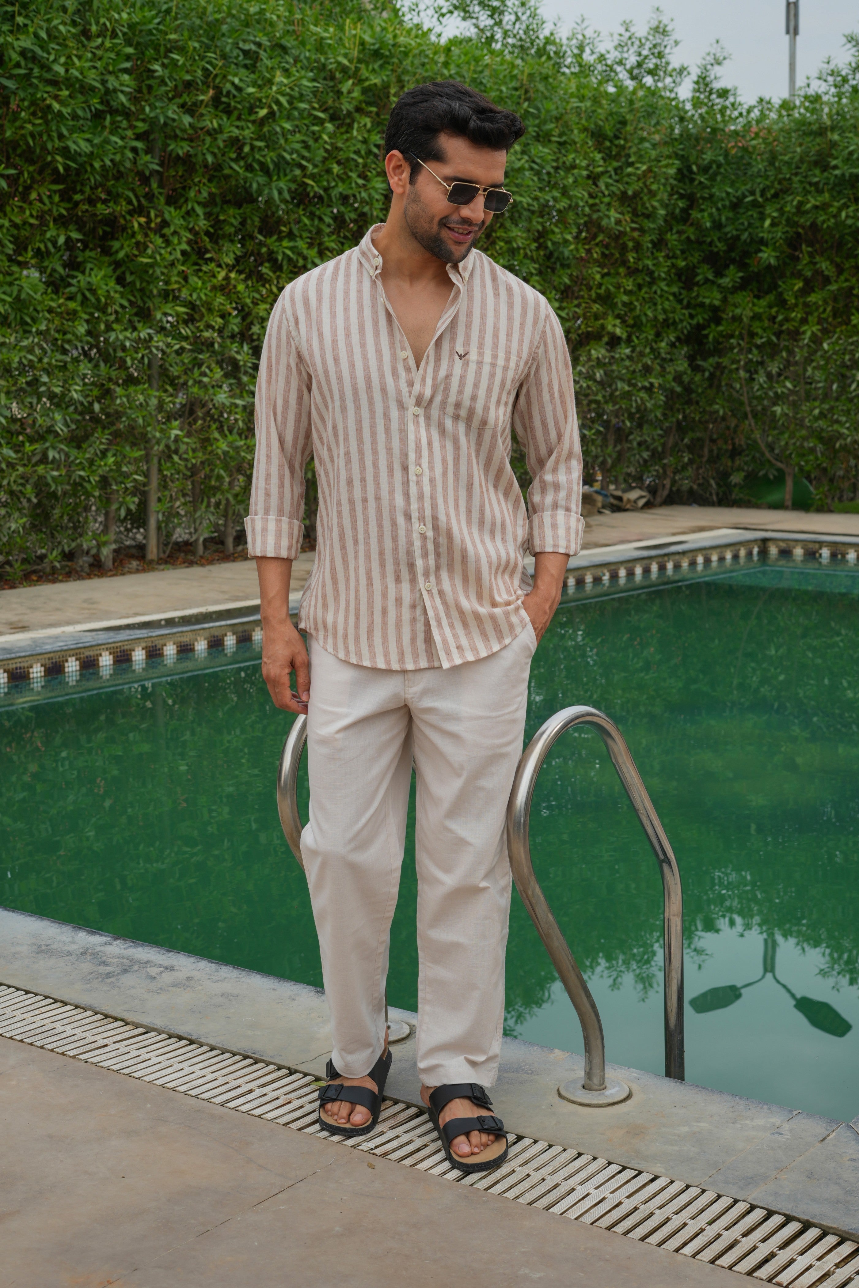 Rust Striped Slim Fit Pre-Washed Linen Cotton Shirt